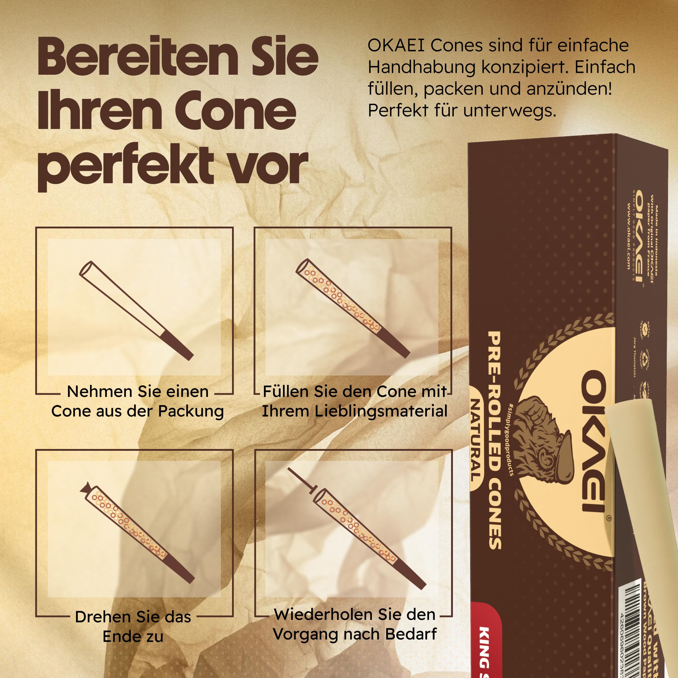 OKAEI Natural King Size Cones 200 Stück - vorgedrehte ungebleichte Hülsen aus Holzpapier, langsam brennend & vegan