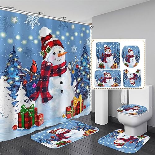 DDQQ Juego de 4 cortinas de ducha con diseño de Feliz Navidad con alfombras de baño antideslizantes, cubierta para tapa de inodoro y tapete de baño,