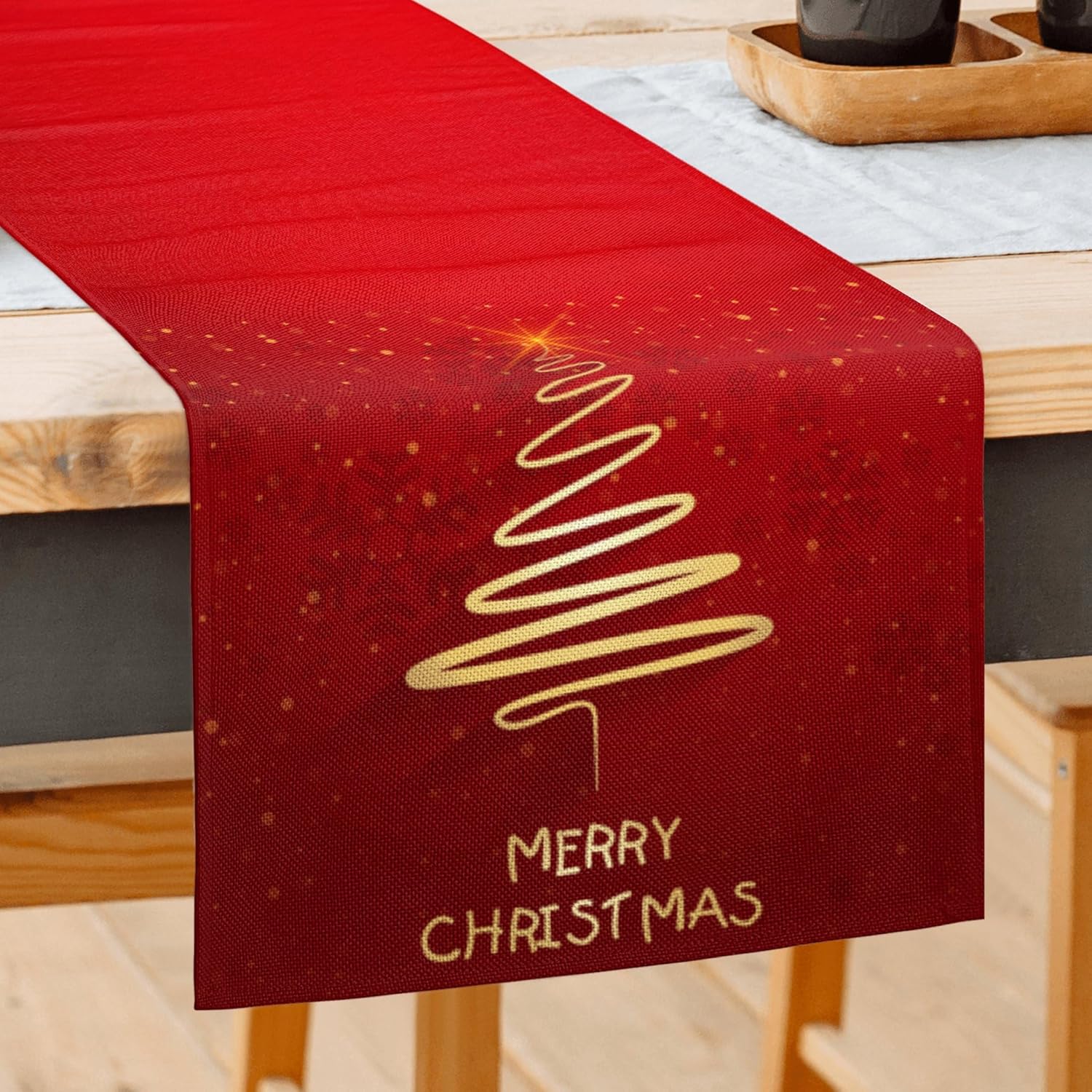 FJPT Christmas Tree Table Runner Farmhouse Style Red Table