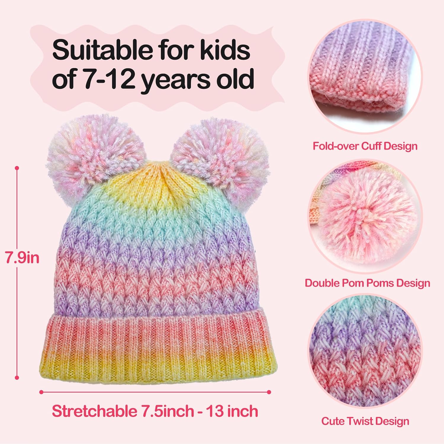 Kids Winter Hat Warm Knitted Beanies with Double Pom Pom Thick Ski Cap for Boys Girls 7-12 Years