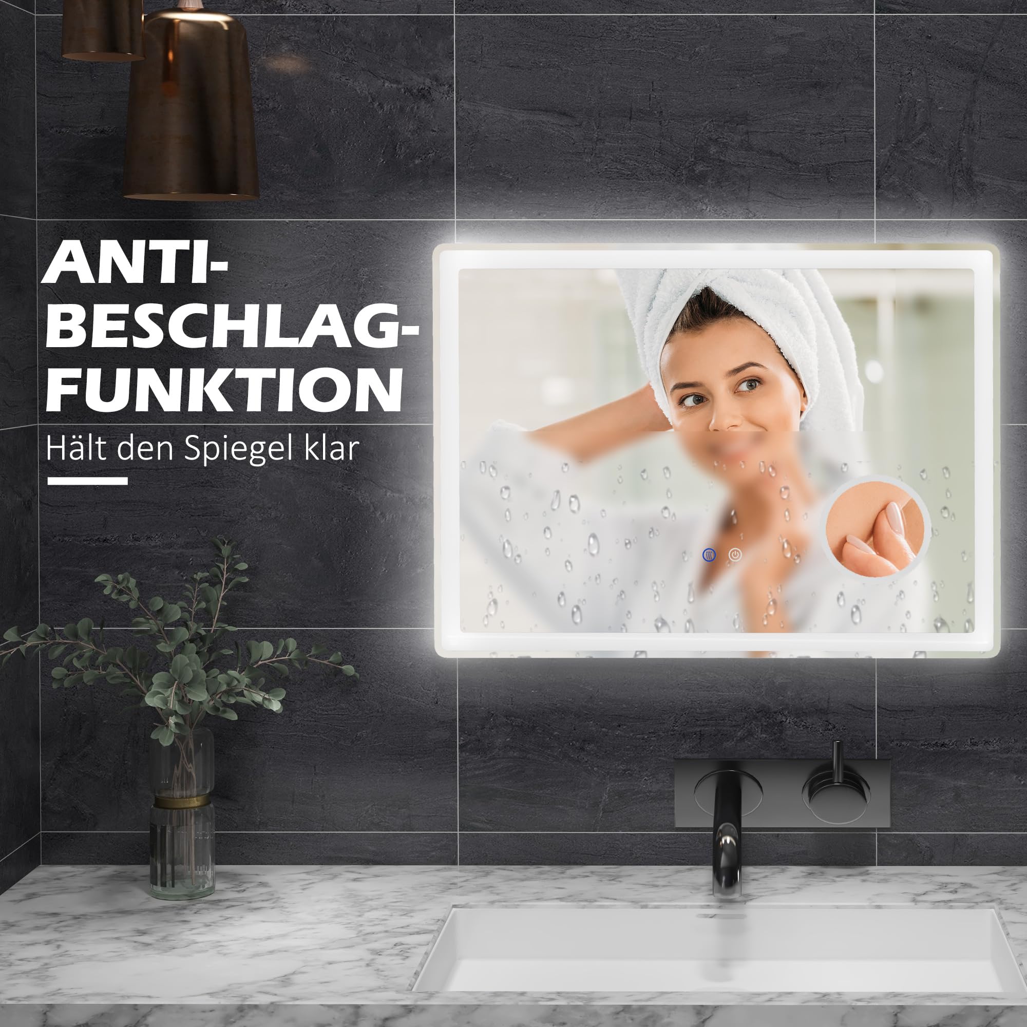 Espejo de baño LED kleankin, Espejo de baño con 3 aumentos, Espejo de Pared de 80 x 60 cm con función táctil, función de Memoria, Espejo Iluminado sin Niebla con 3 Colores de luz