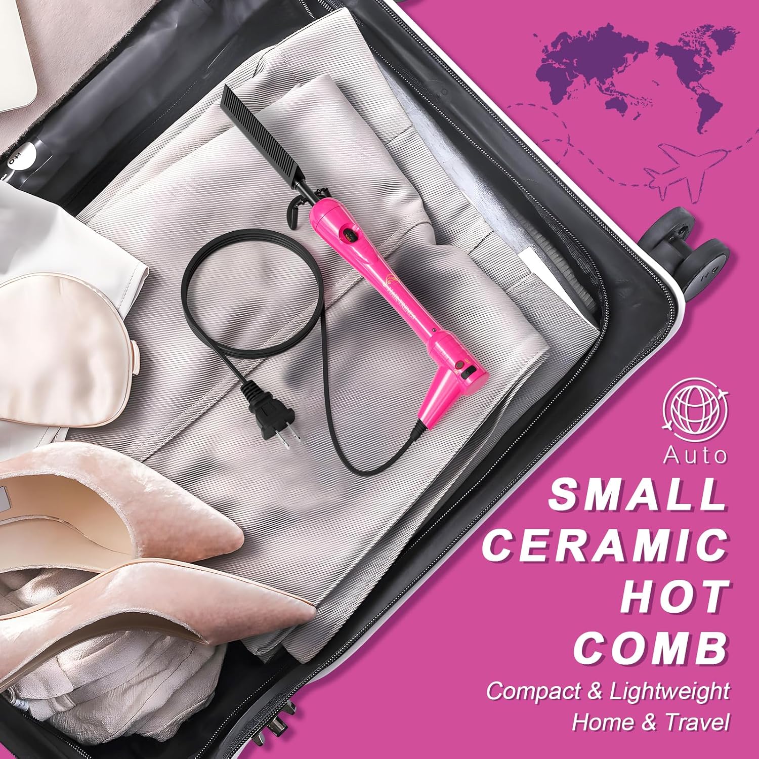 Mini Pink Hot Comb 500 Degree, Dual Voltage Electric Pressing Comb for Black Hair, Portable Ceramic Straightening Comb, Anti-Scald Plug in Hot Comb Straightener for Wigs, 4C Hair & Beard - Image 4