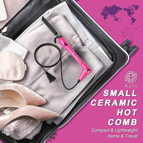 Miniatura 4 de Mini peine caliente rosa de 500 grados, peine de presión eléctrico de doble voltaje para cabello negro, peine alisador de cerámica portátil, enchufe