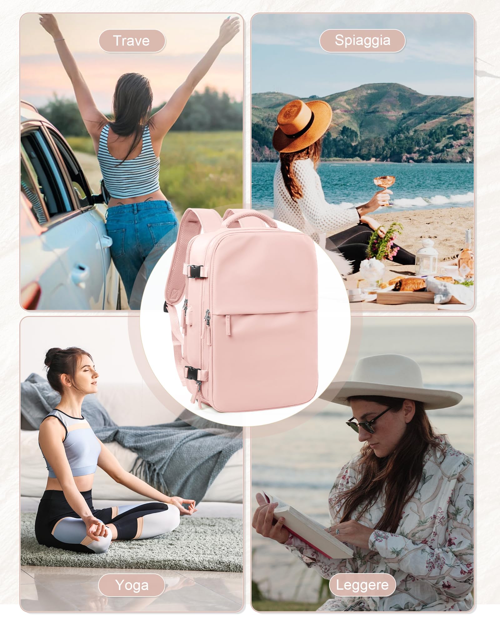 Zaino Sottovuoto Viaggio Ryanair 40x30x20 Zaino da Viaggio Aereo Bagaglio a Mano con Sottovuoto Zaini Easyjet 45x36x20 Vacuum Backpack con Porta Scarpe(Rosa)