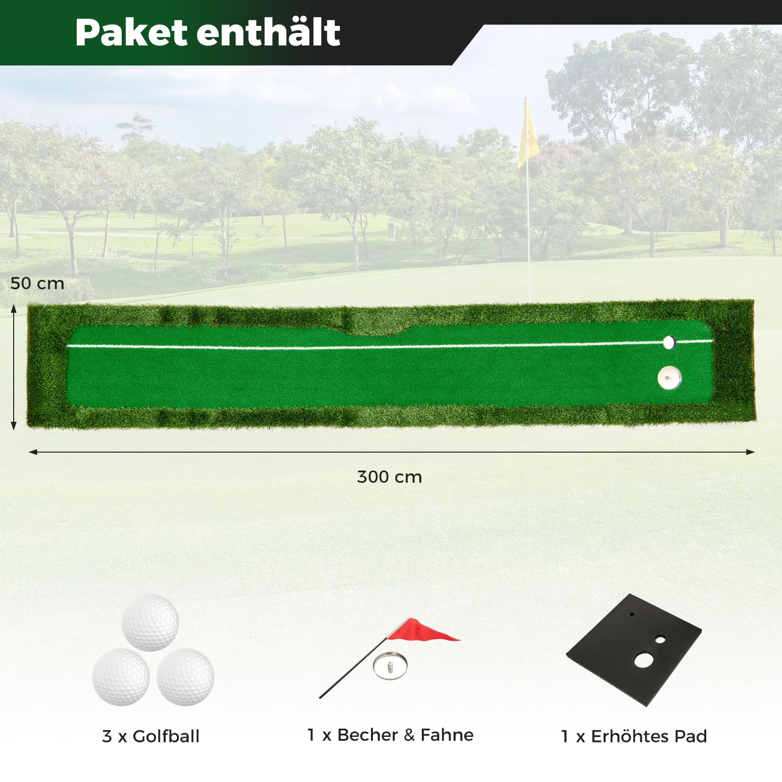 COSTWAY 300 x 50 cm Golf Puttingmatte, Putting Green mit 3 Golfbällen & 2 Lochgrößen, Trainingsmatte für Indoor & Outdoor, Übungsmatte faltbar für Büro, Garten & Terrasse