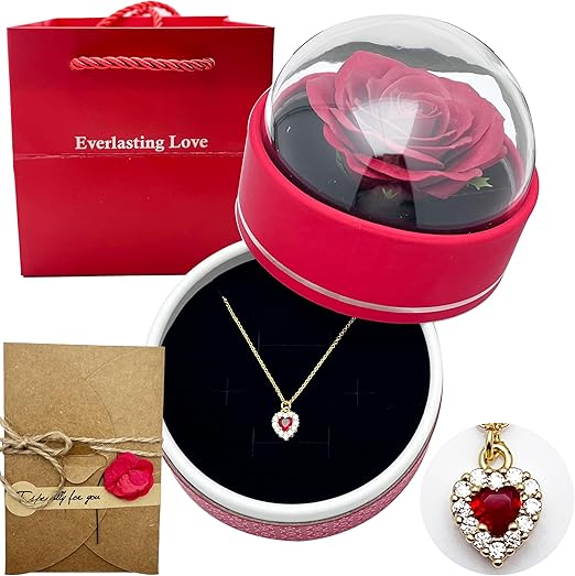 Gifts for Women Preserved Red Real Rose with Heart Necklace