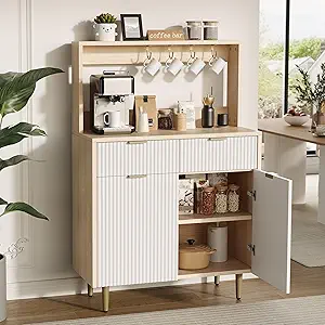 Fluted Sideboard Buffet Cabinet with Storage, Modern Coffee Bar Cabinet with Adjustable Shelves & 2 Drawers, Wood Buffet Console Table for Kitchen Dining Living Room Entryway Hallway, Natural