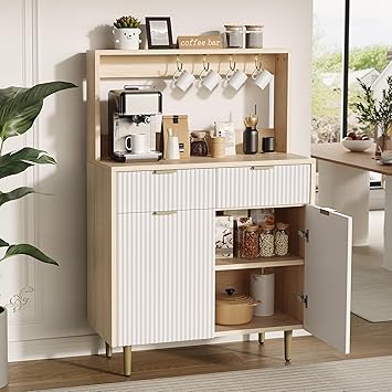 Fluted Sideboard Buffet Cabinet with Storage, Modern Coffee Bar Cabinet with Adjustable Shelves & 2 Drawers, Wood Buffet Console Table for Kitchen Dining Living Room Entryway Hallway, Natural