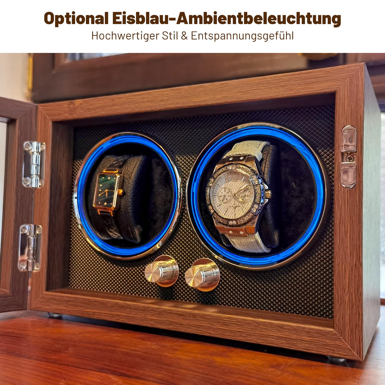 Uhrenbeweger für 2 Uhren – Leiser Motor, 4 Rotationsmodi, Magnetfeldschutz, Blaues Ambientelicht, Kompaktes Design