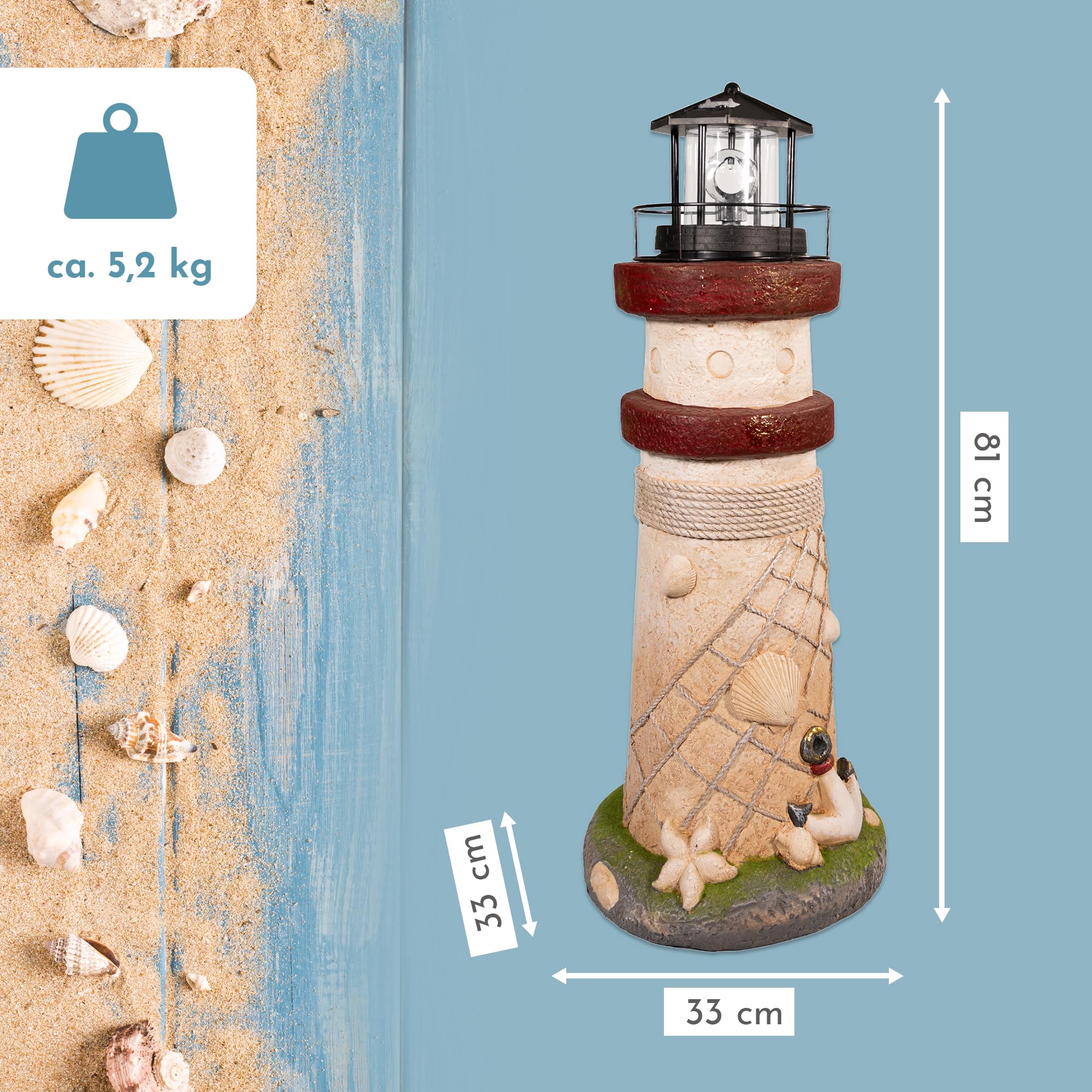 NATIV LEMODO Gartendeko Leuchtturm 81 cm hoch | Handbemalte Gartenfigur mit solarbetriebenem, rotierendem Leuchtfeuer | Maritime Außendeko mit LED Beleuchtung