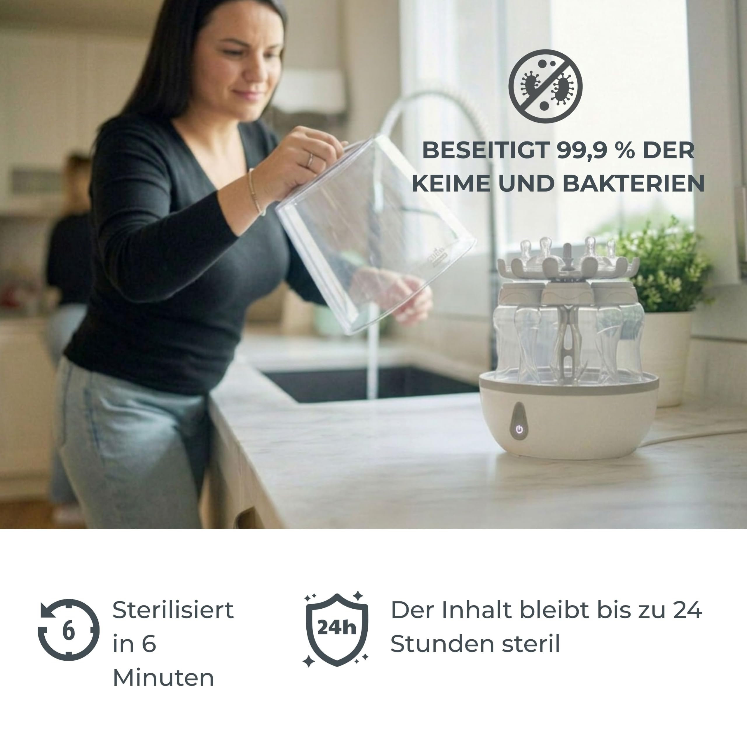 Nuvita Sterieasy 1083 | Elektrischer Dampfsterilisator | Desinfiziert bis zu 6 Babyflaschen in 6 Minuten | Pflegeleichte Edelstahl-Heizplatte | BPA Frei | EU Produkt |Italienisches Design