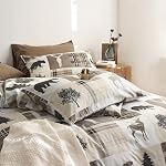 Wake In Cloud - Ensemble de confort rustique, chalet de Noël Ferme Western Lodge Woodland Wildlife Patchwork RV Thème extérieur, Doucement Léger Literie, 3-Piece, Taupe, taille du roi