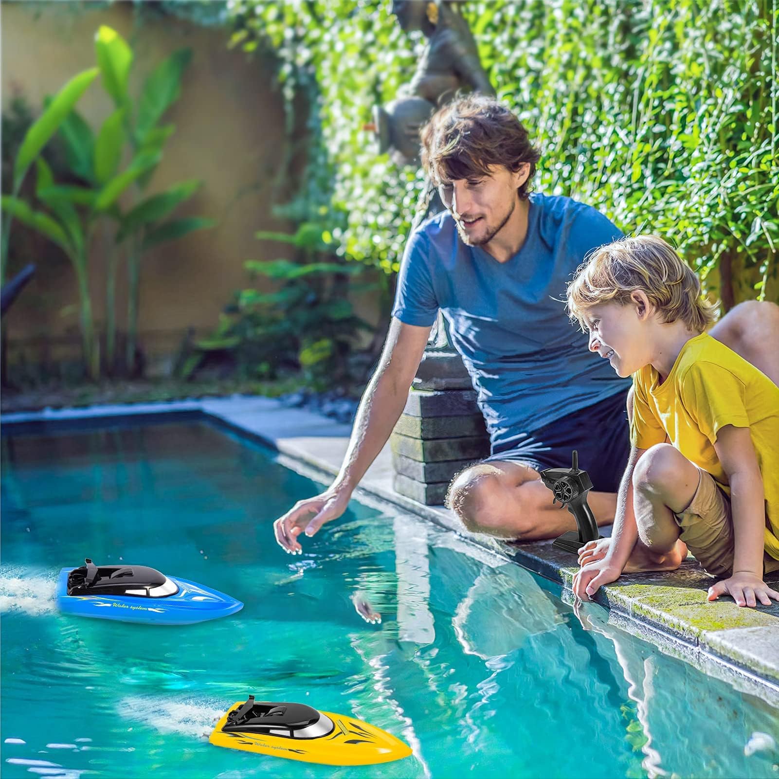 Garvee Barca Radiocomandata Per Bambini, Set Da 2 Barche RC Da 10 Km/h, Barca Radiocomandata Ad Alta Velocità 2.4G, Barche Veloci Per Piscine, Laghi e Fiumi, Con 4 Batterie Ricaricabili, Blu+Giallo
