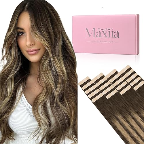 MAXITA Tape in Hair Extensions Human Hair, Balayage Chocolate Brown to Caramel Blonde, 16inch 50g 20pcs, Remy Silky Real Human Hair Extensions Thick Ends Straight Seamless Tape in Hair Extensions