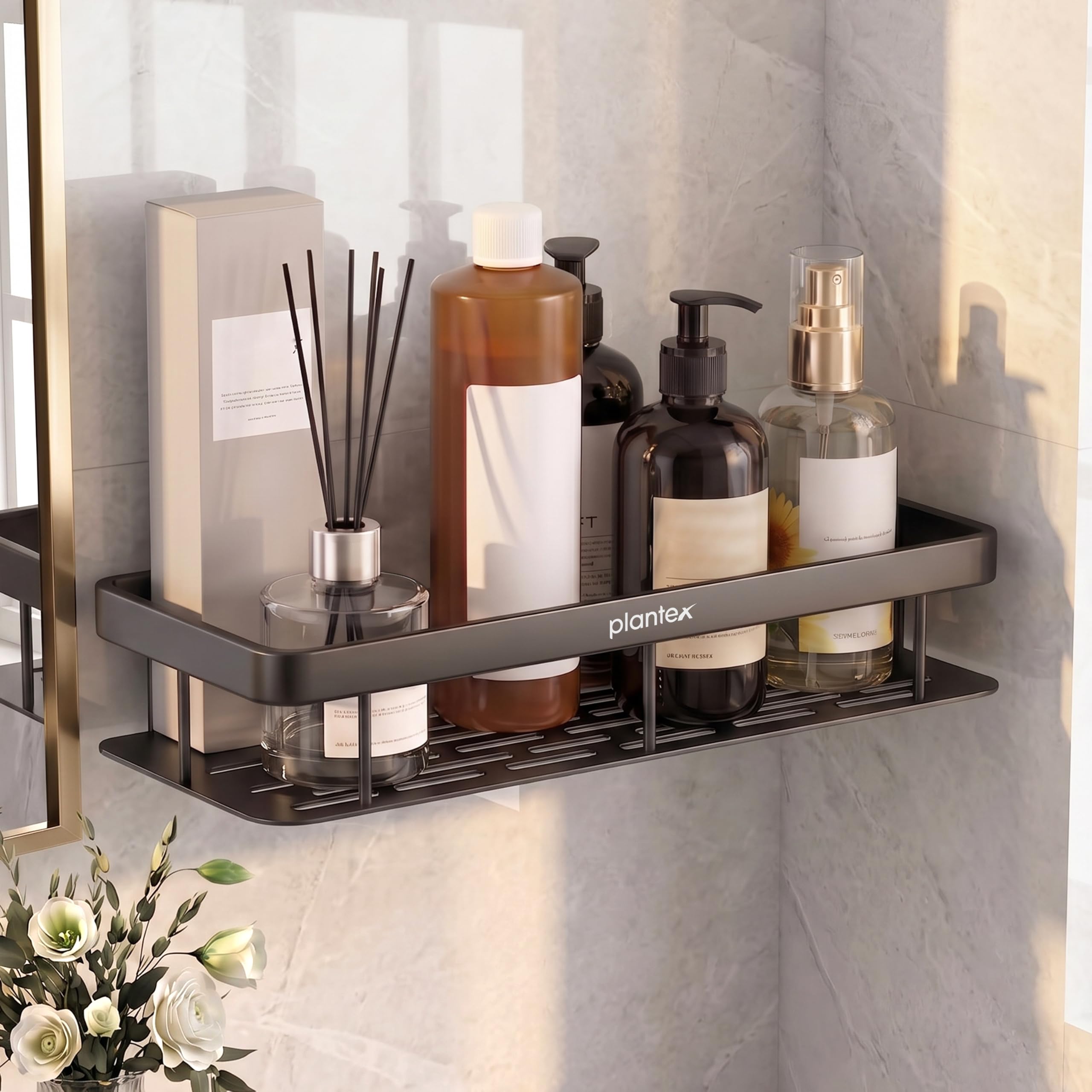 Plantex Bathroom Organiser Without Drill/Self Adhesive Stainless Steel Shelf for Bathroom with Aluminium Railing - Pack of 1 (12x5 inches, Black)-picture-41
