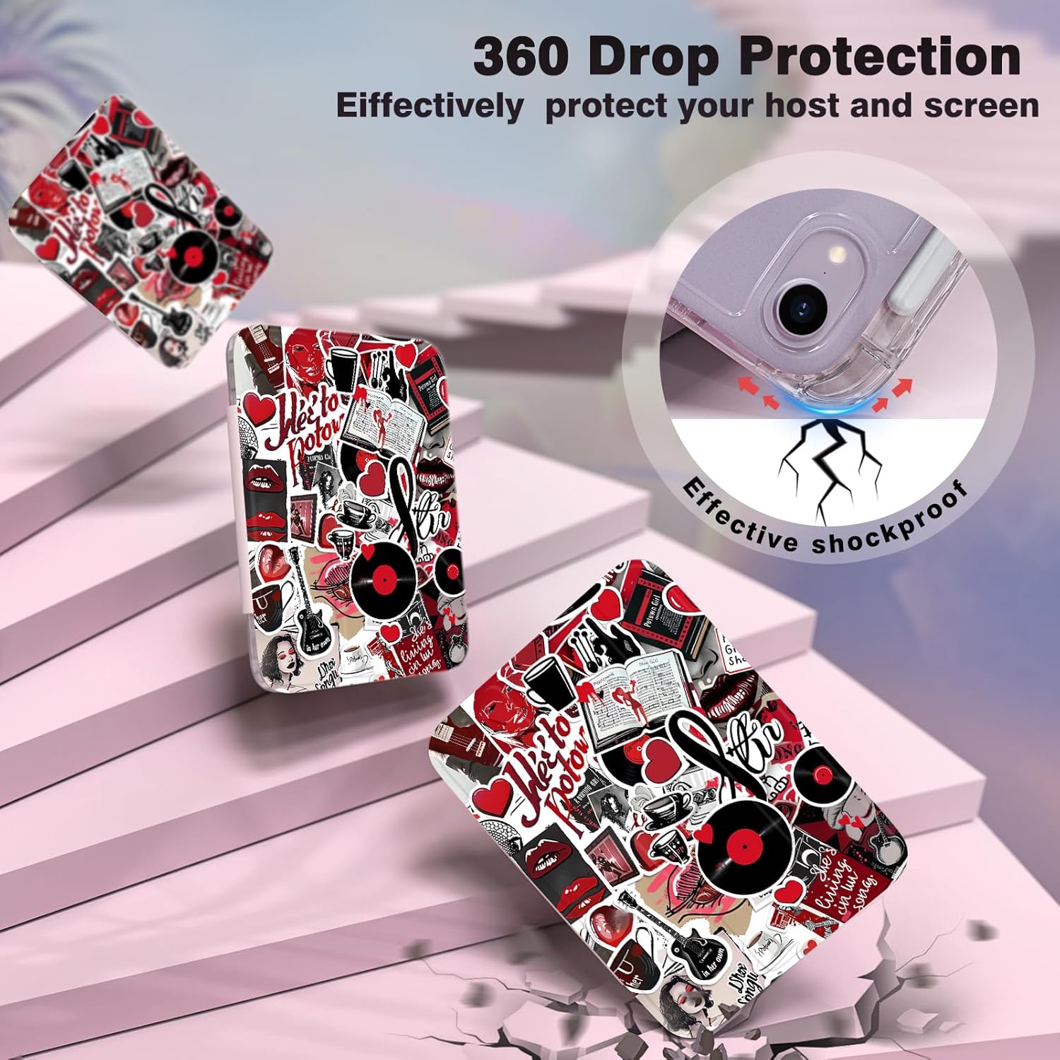 Y2K Tablet Case for iPad Mini 6/7 (8.3", 2021/2024) – Hot Pink Retro Sticker Print Cover with Pencil Holder, Vinyl Lip Design, Tri-Fold Stand, Auto Sleep/Wake, ipad mini cute case for Girls