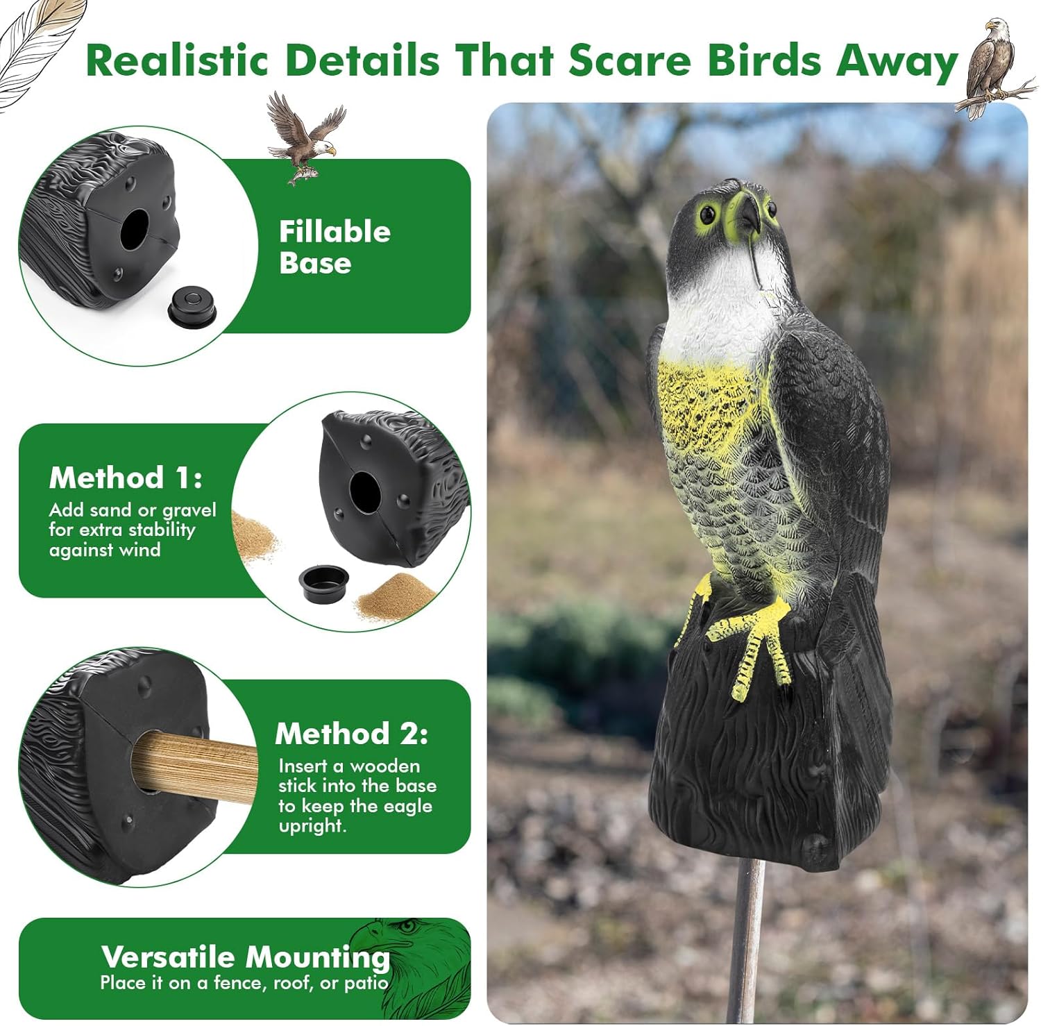 2 Pack Bird Scarecrow Fake Horned Hawk Decoy, Outdoor Hawk Predator for Bird Repellent, Pest Control, Garden, Yard, Lawn, Patio