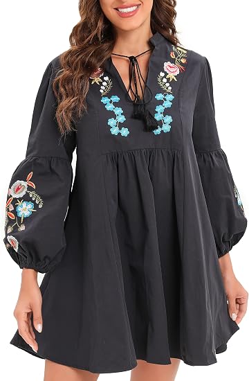Aofur Women Bohemian Vintage Embroidered Velvet Spring Shift Mini Dress Long Sleeve Casual Tops Blouse, Sr070black, S: Buy Online at Best Price in UAE