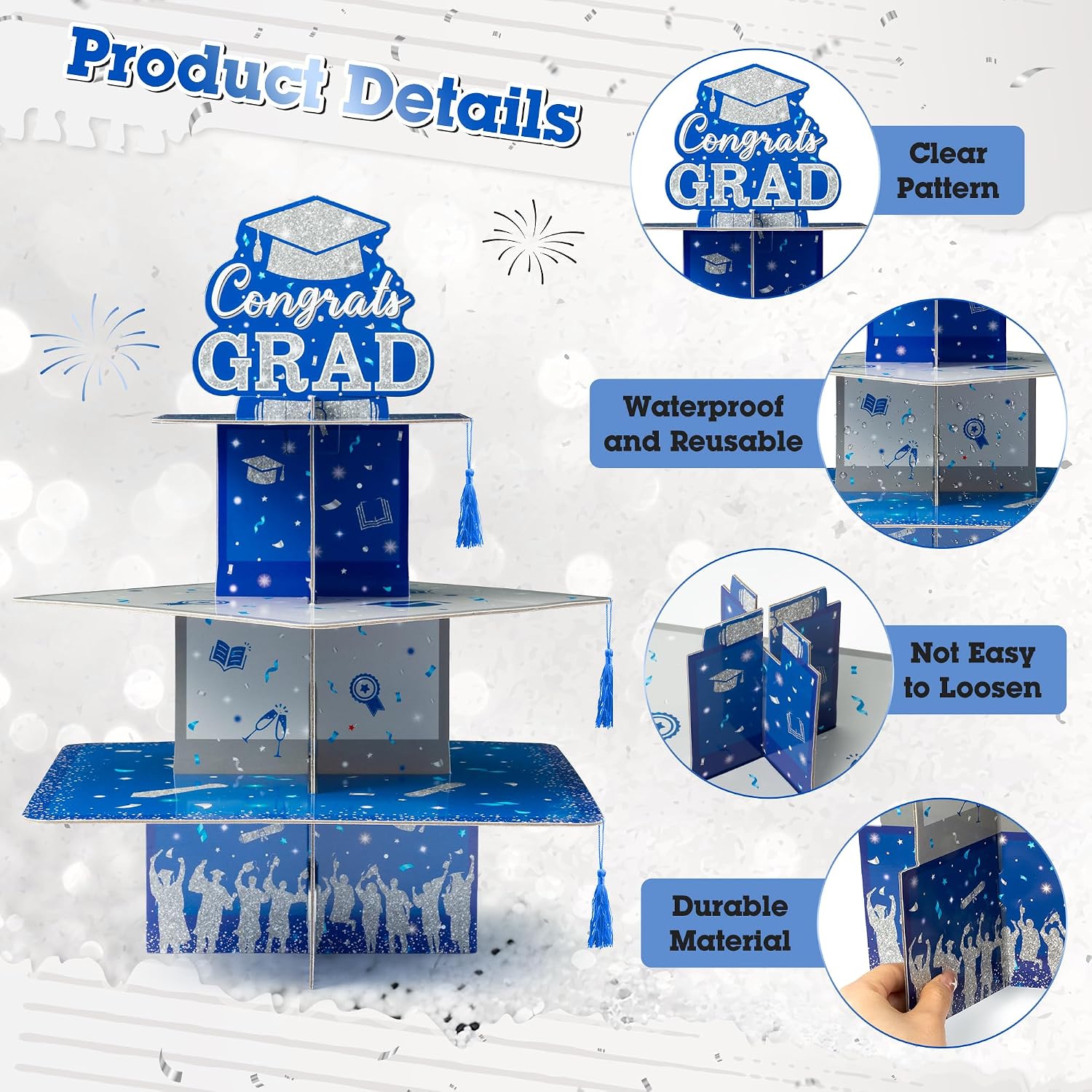 Haooryx Blue Sliver Graduation Cupcake Stand - 3 Tier Blue Silver Graduation Hat Cupcake Tower Cardboard Dessert Candy Dessert Holder for College High School Congrats Grad Party Decoration Supplies