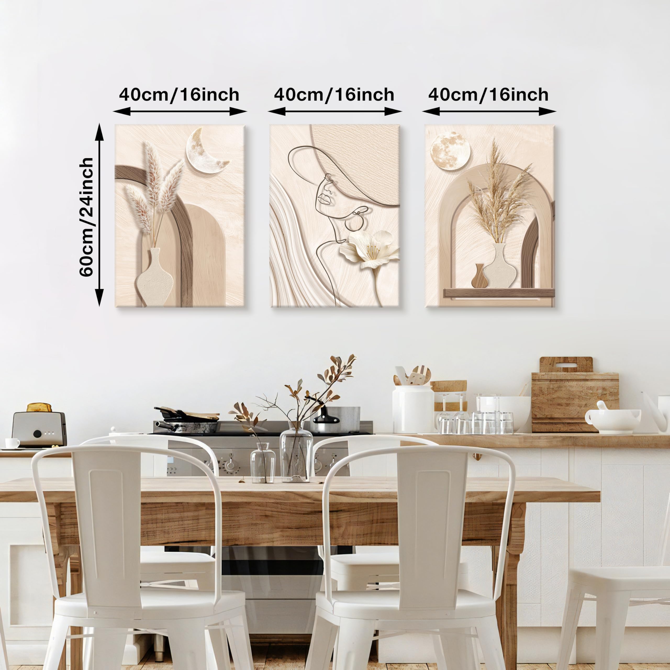 3 Pcs Abstrakt Tan Creme Geometrie Pflanzen Leinwand Bilder Mit Rahmen, Neutral Beige Schilf Bild Auf Leinwand Schlafzimmer Minimalistisch Frau Silhouette Wandbilder Wanddeko für Wohnzimmer 40X60cmX3