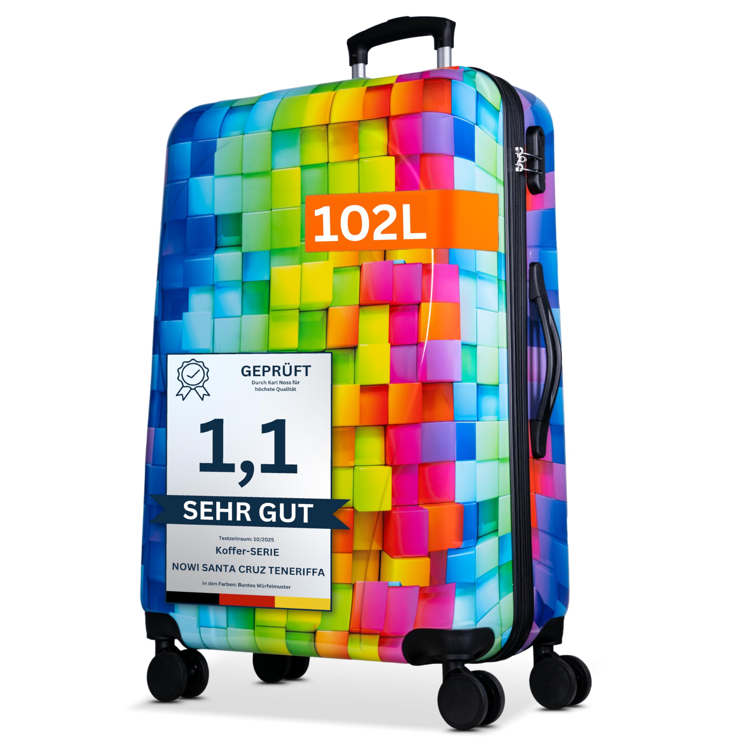 NOWI Hartschalenkoffer XL Groß - 100L Volumen - 158cm Gurtmaß - 8 Rollen 360° drehbar - Leichter Koffer mit Zahlenschloss & Teleskopgestänge - Reisekoffer mit Rollen, Trolley (XL)