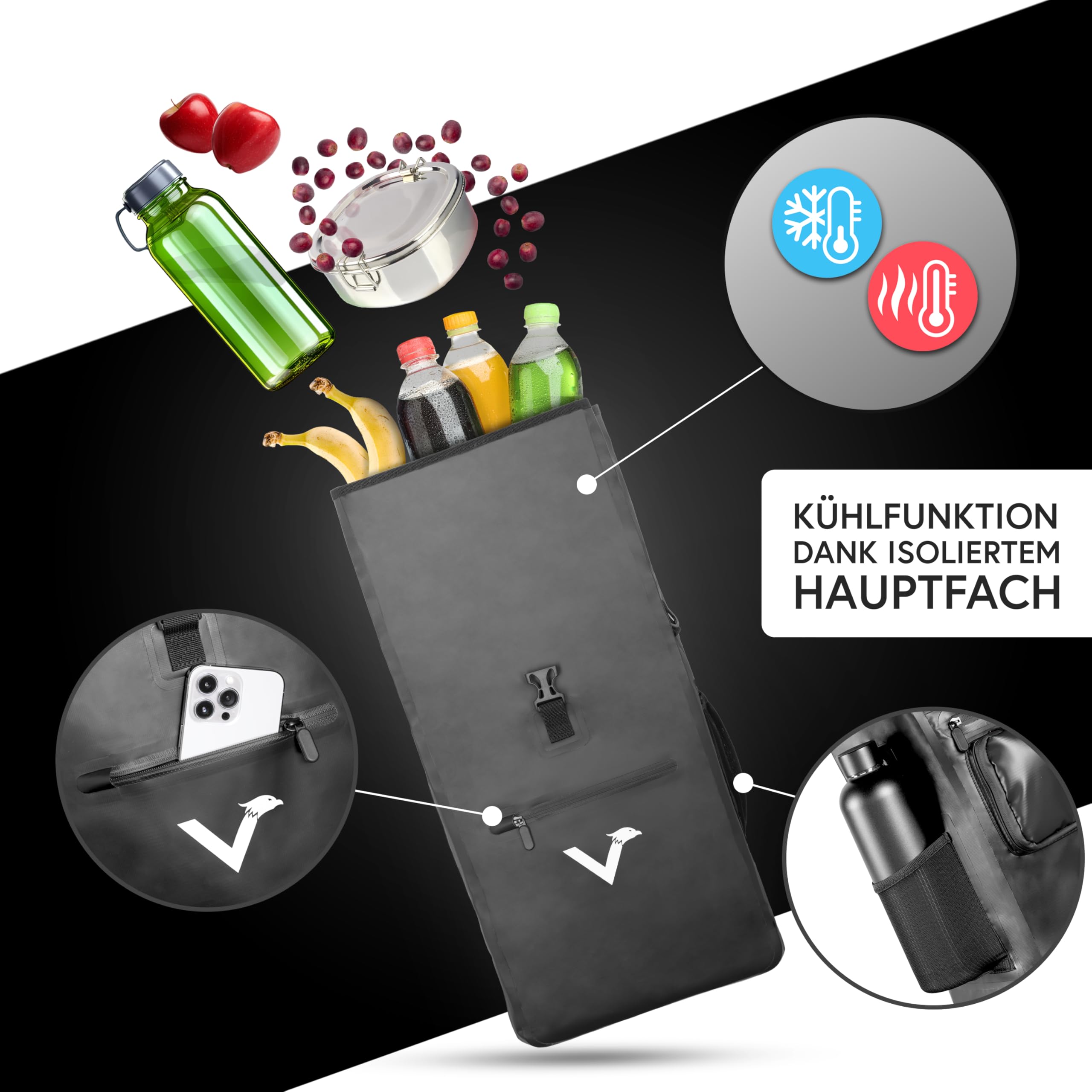 Valkental® 3in1 Fahrradtasche [Bis 25L] - Das Original - Geeignet als Gepäckträgertasche, Rucksack und Umhängetasche - 100% Wasserdicht & Reflektierend - Sichere Befestigung [Abschließbar] Laptopfach