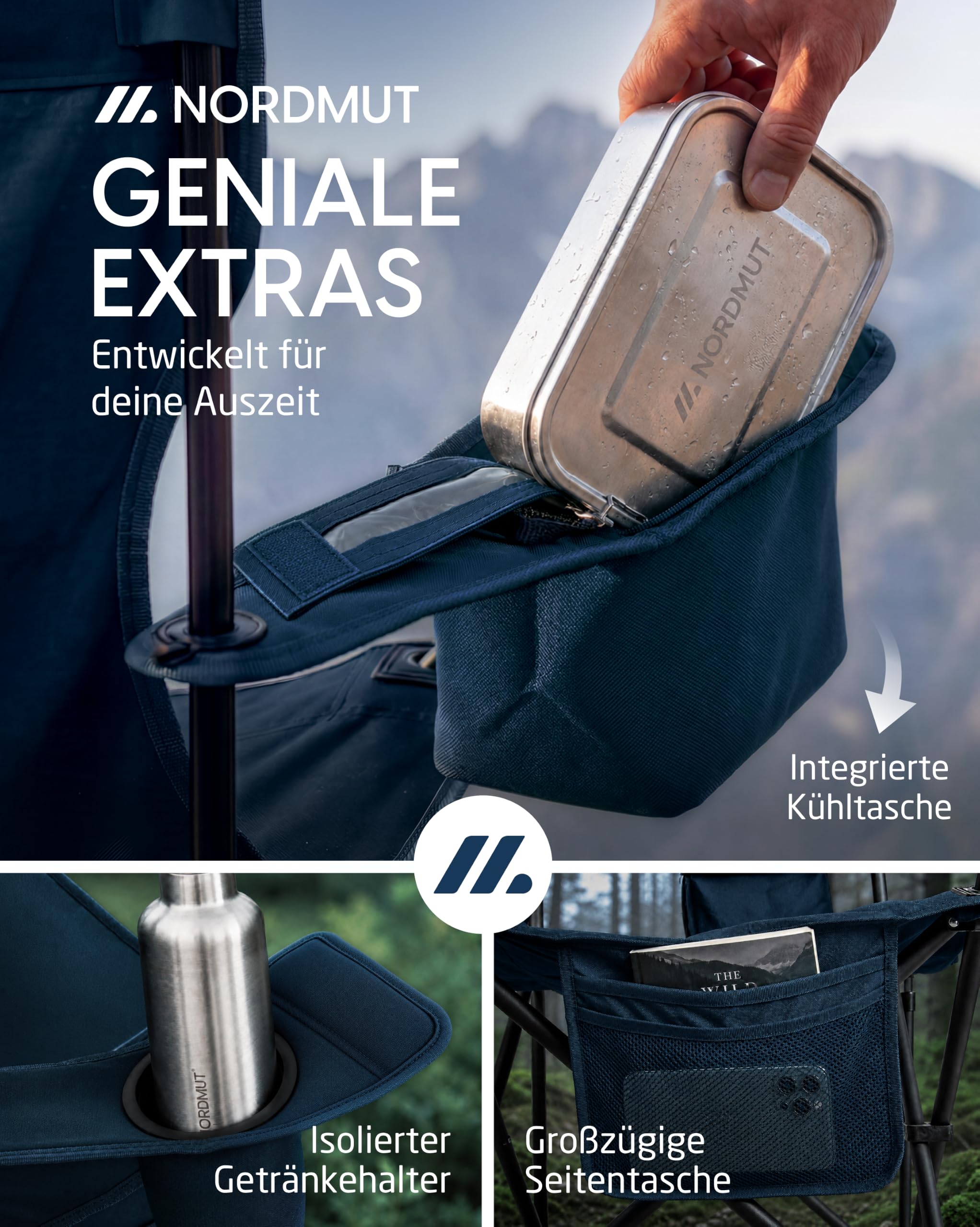 NORDMUT® Campingstuhl faltbar leicht – Stabiler Klappstuhl Camping 200 kg Belastung – bequemer Angelstuhl inkl. praktischer Kühltasche & Getränkehalter