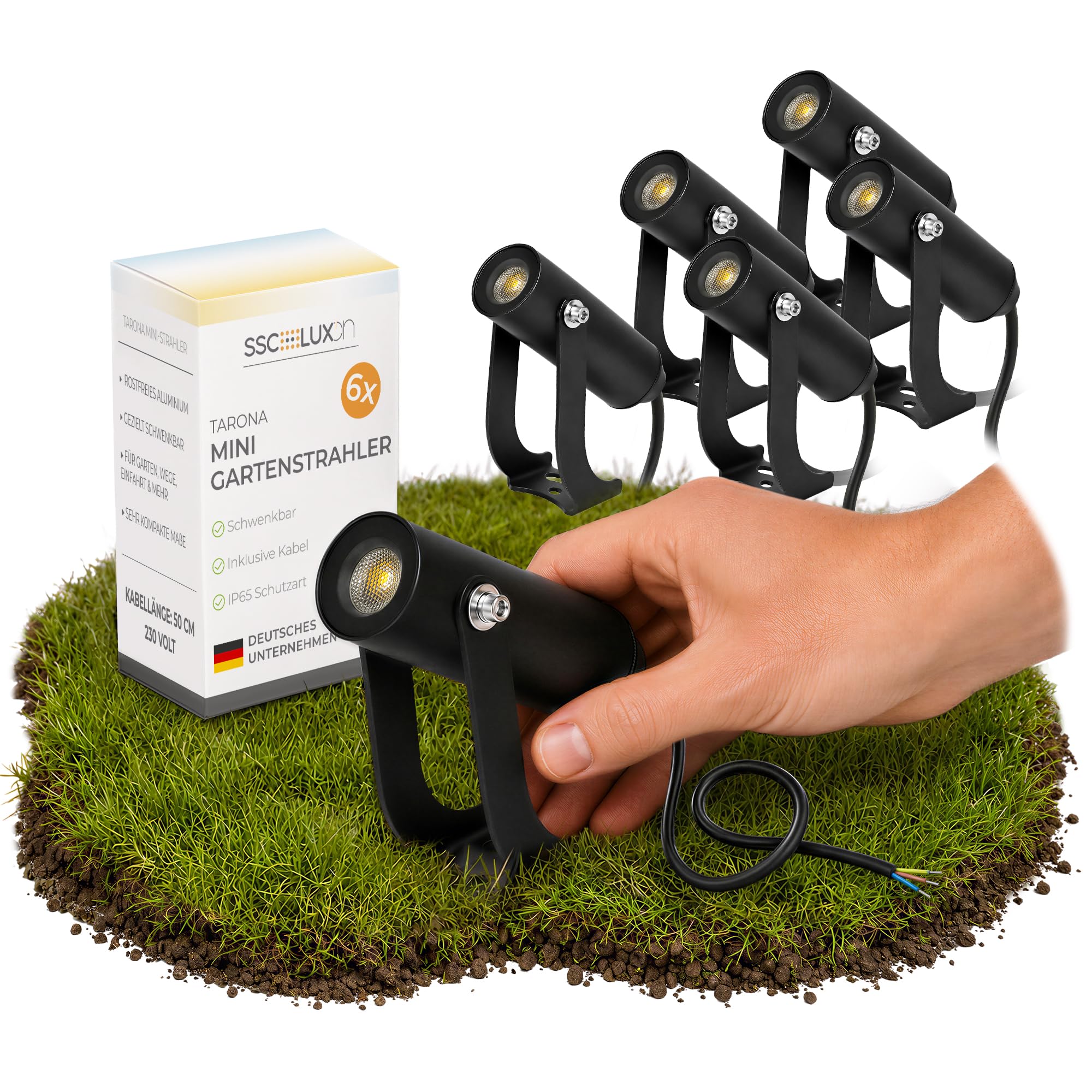 SSC-LUXon 6er Set TARONA Mini Gartenstrahler Ambientespot schwarz 2W warmweiß IP65 für Außen & Innen Carport Veranda Eingang