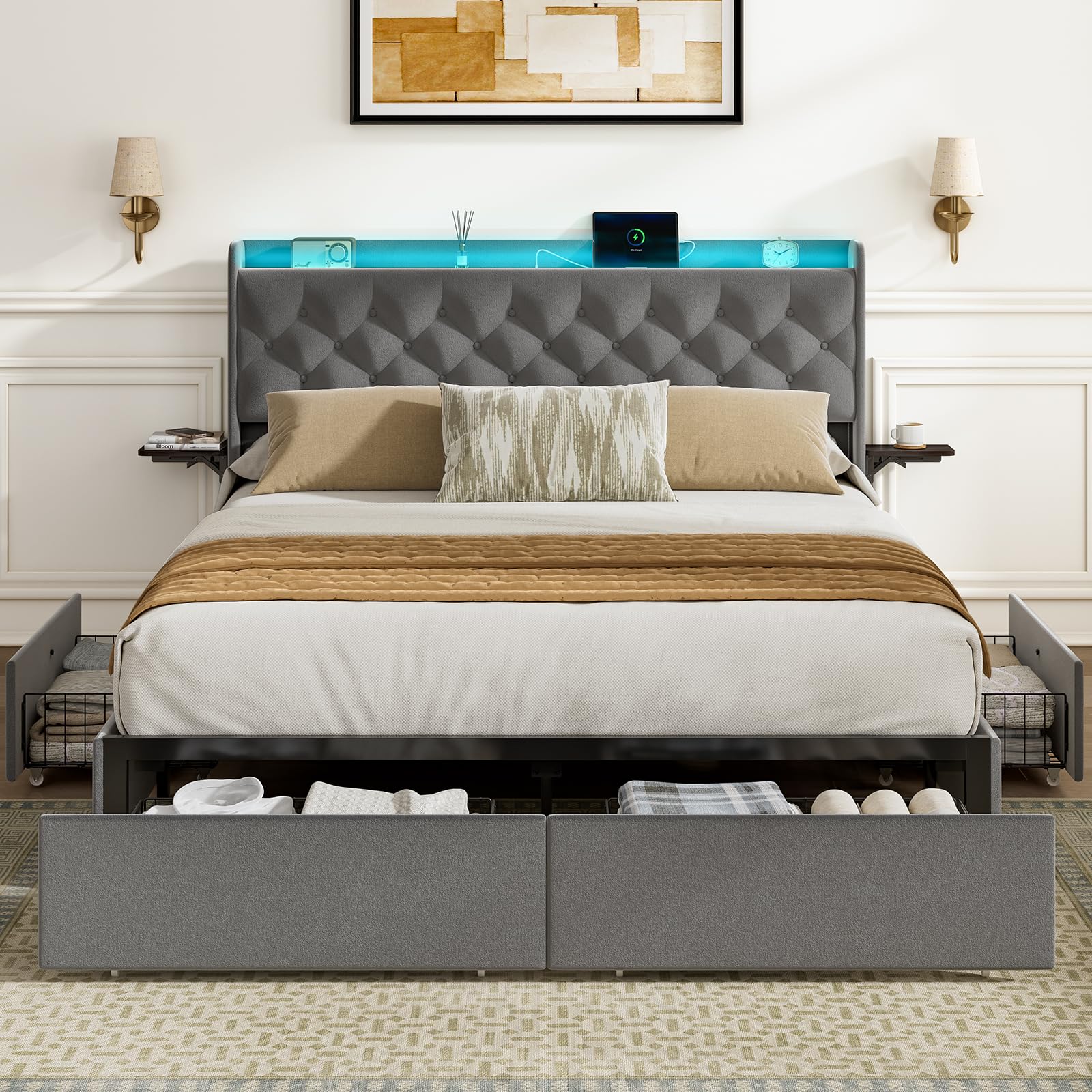 HAUSOURCE Queen Bed Frame with 4 Storage Drawers Upholstered Platform Double Bed Frame Queen Size with Headboard Charging Station Adjustable Bedside Tables LED Light No Box Spring Needed, Grey