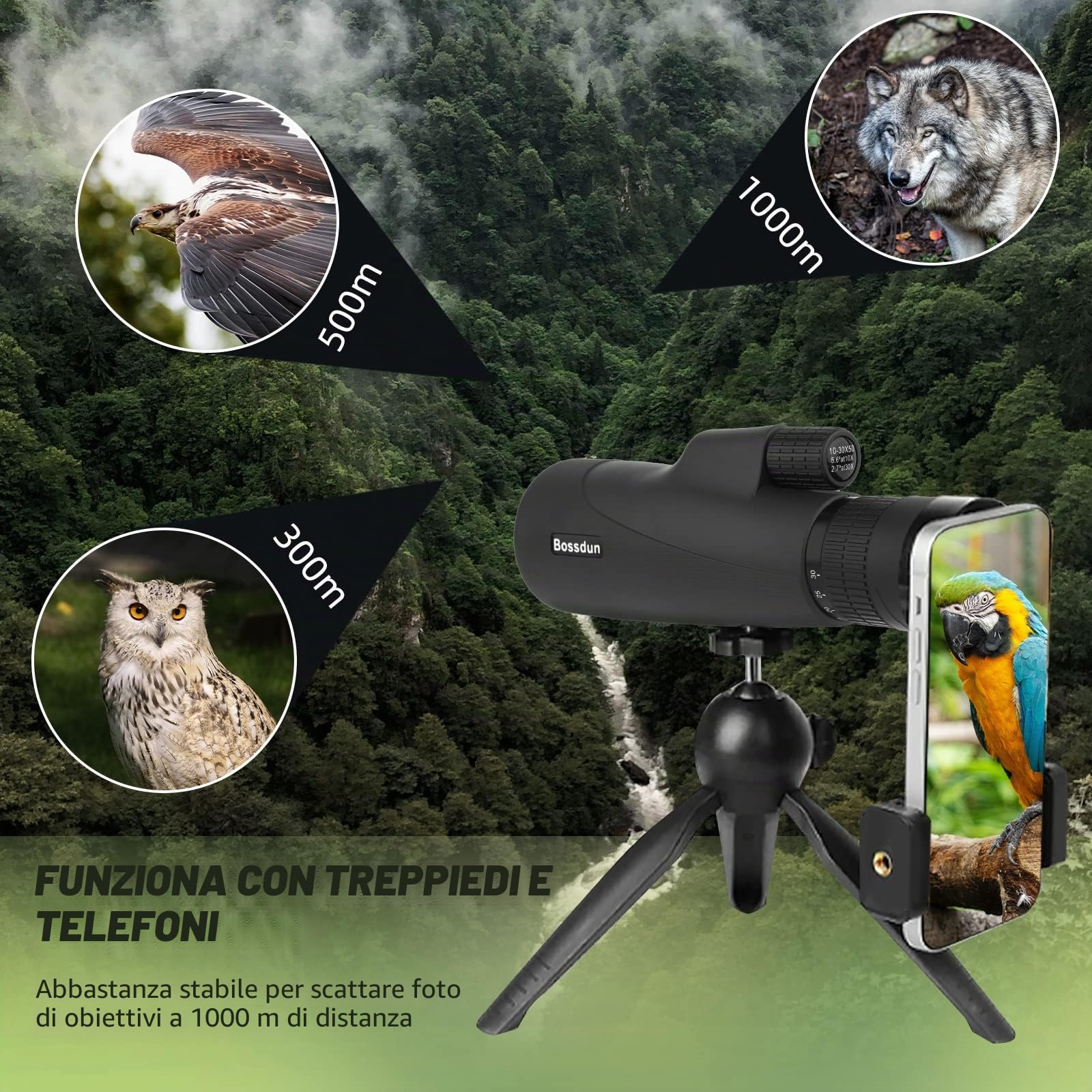 Telescopio Monoculare, 10-30X50 Zoom HD Monoculare, FMC BAK4 Prisma Telescopio Monoculare Ad Alta Potenza con Cinghia Portatile Adattatore Telefono per Bird Watching Caccia Campeggio