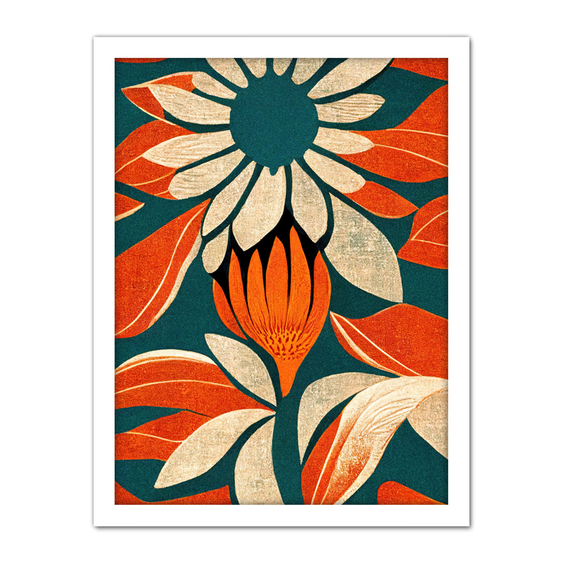 Doppelganger33 LTD Flower Design Teal Orange Abstract Linocut Artwork Framed Wall Art Print 18X24 Inch