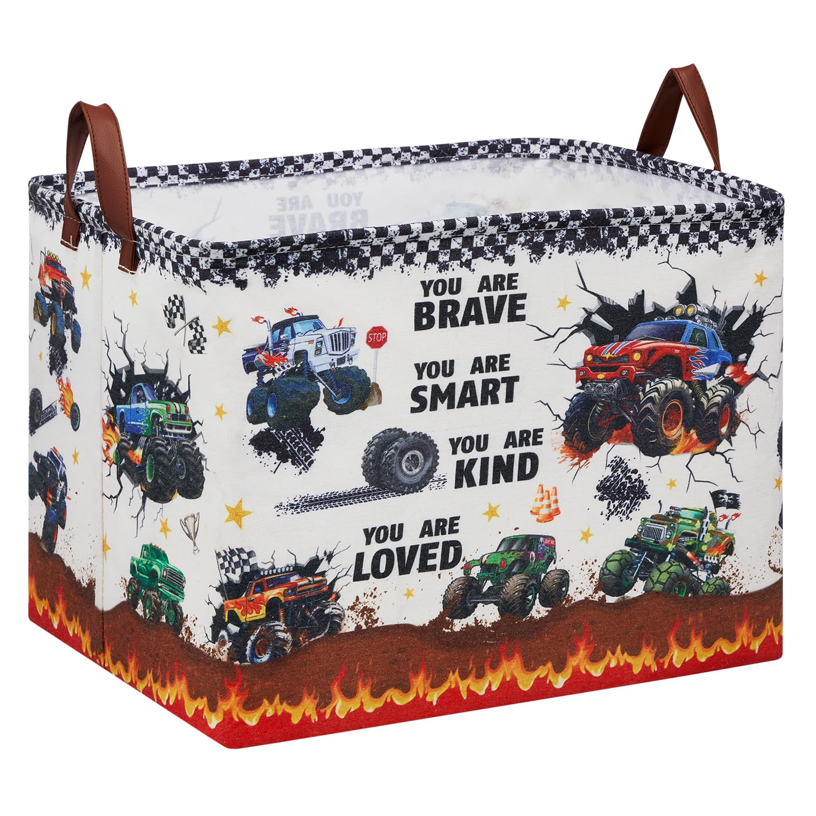 XHWZOF Monster Trucks Laundry Hamper Basket Kid Gift Toy Storage Bin Car Nursery Decor Hamper Rectangular Shelf Storage Basket Collapsible Clothes Book Organizer Bin for Boy (Monster Trucks-Quote)