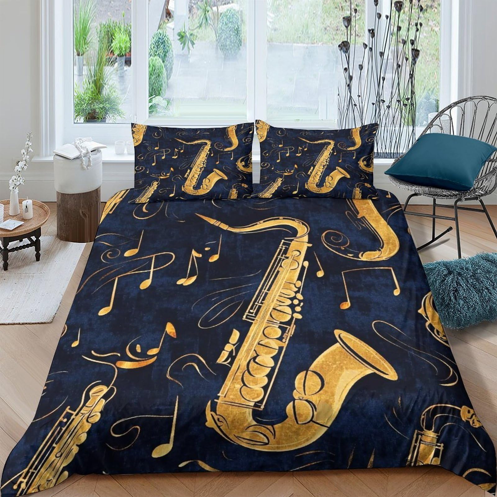 Ctjqhvkz Style-1 3D Printed Saxophone Music Fitted Sheet Microfiber Gold Notes Bed Sheet For Bedroom Decor Dorm Mattress Cover Single（135X200cm）
