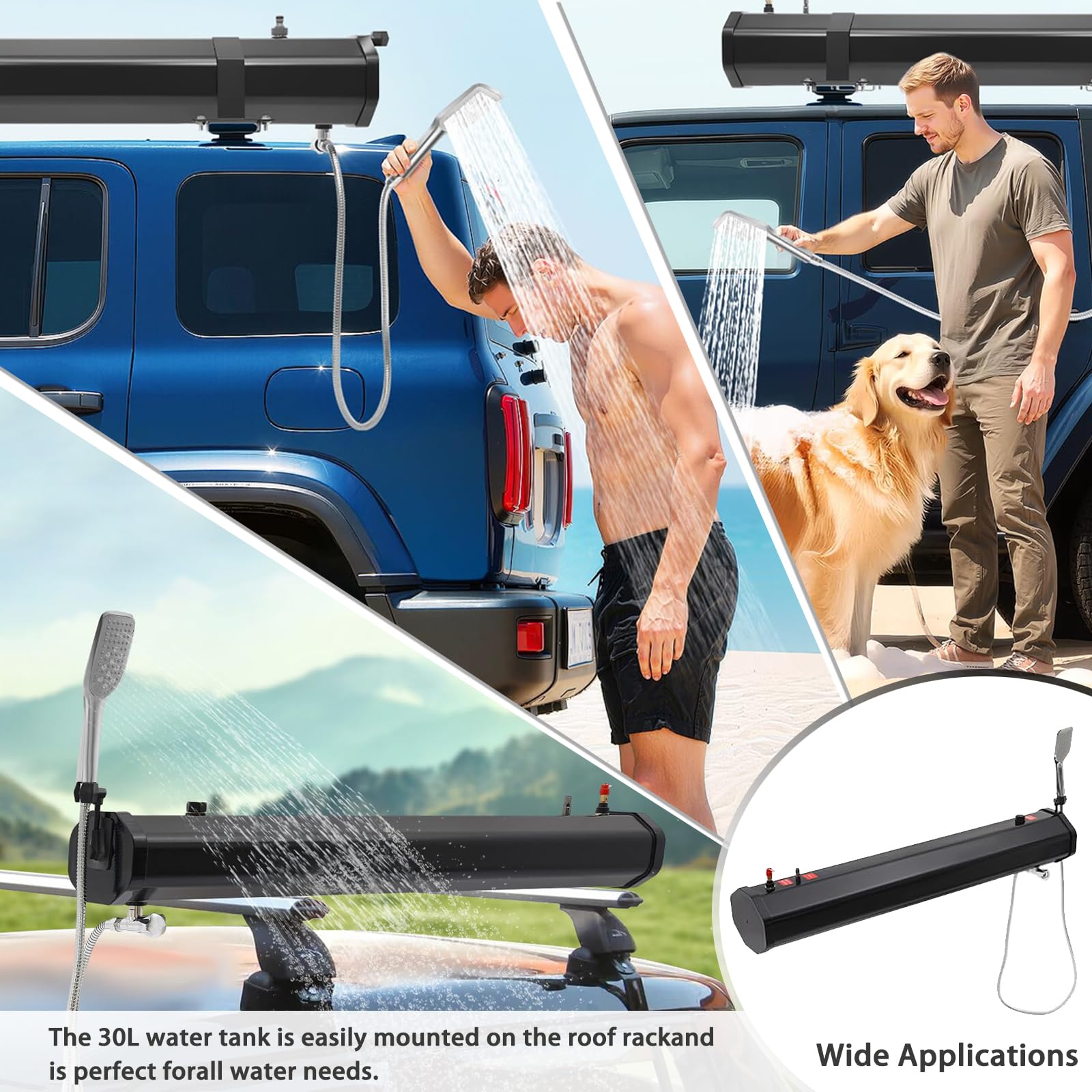 Doccia Portatile per Tetto con Serbatoio d'Acqua Pressurizzato, Doccetta e Tubo Regolabili per Campeggio Fuoristrada, SUV, Camion, Camper e Avventure all'Aperto