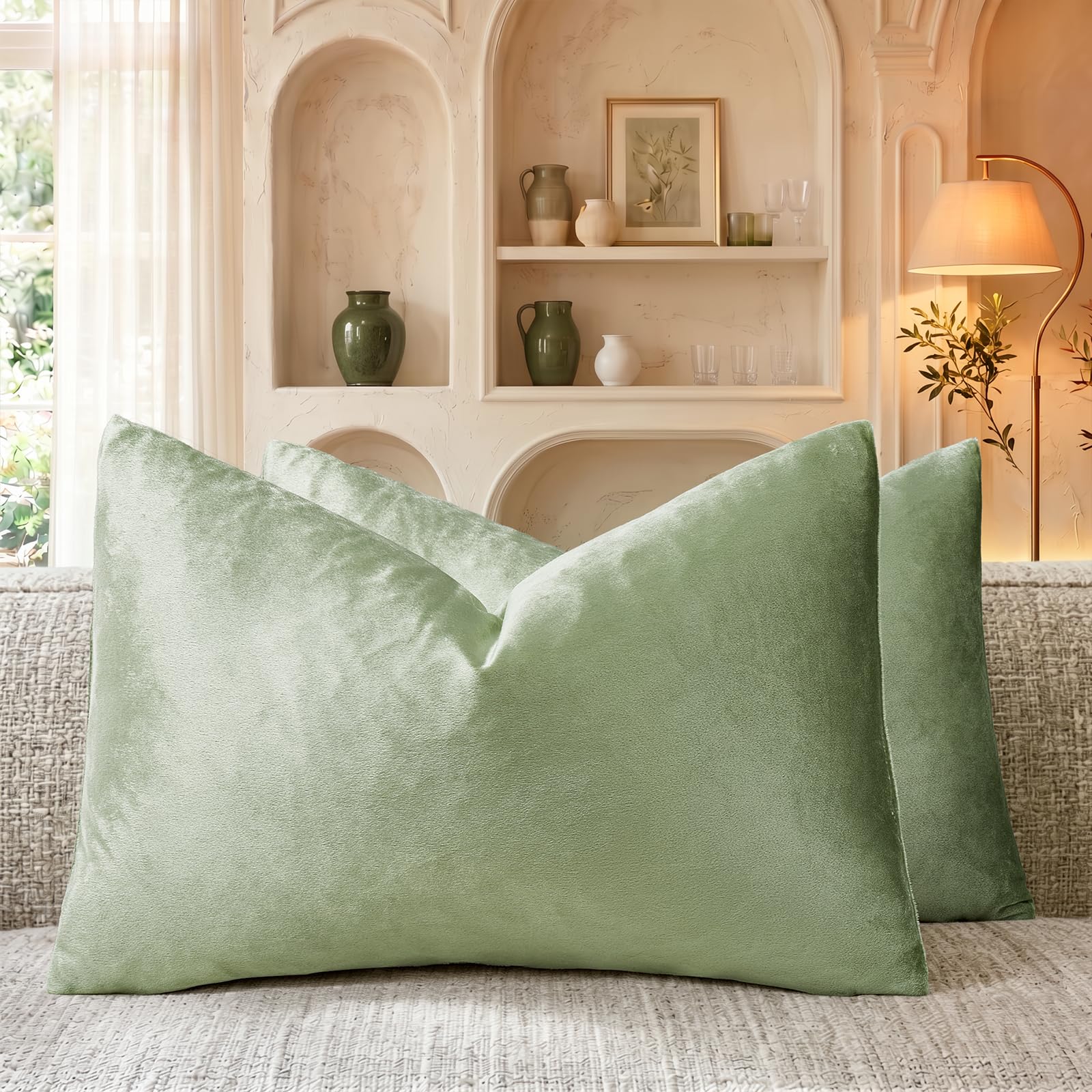 GIGIZAZA 12x20 Sage Green Pillow Covers Velvet Lumbar Pillow Decorative Throw Pillows Couch Sofa Covers Bedroom Set of 2 โ image 1