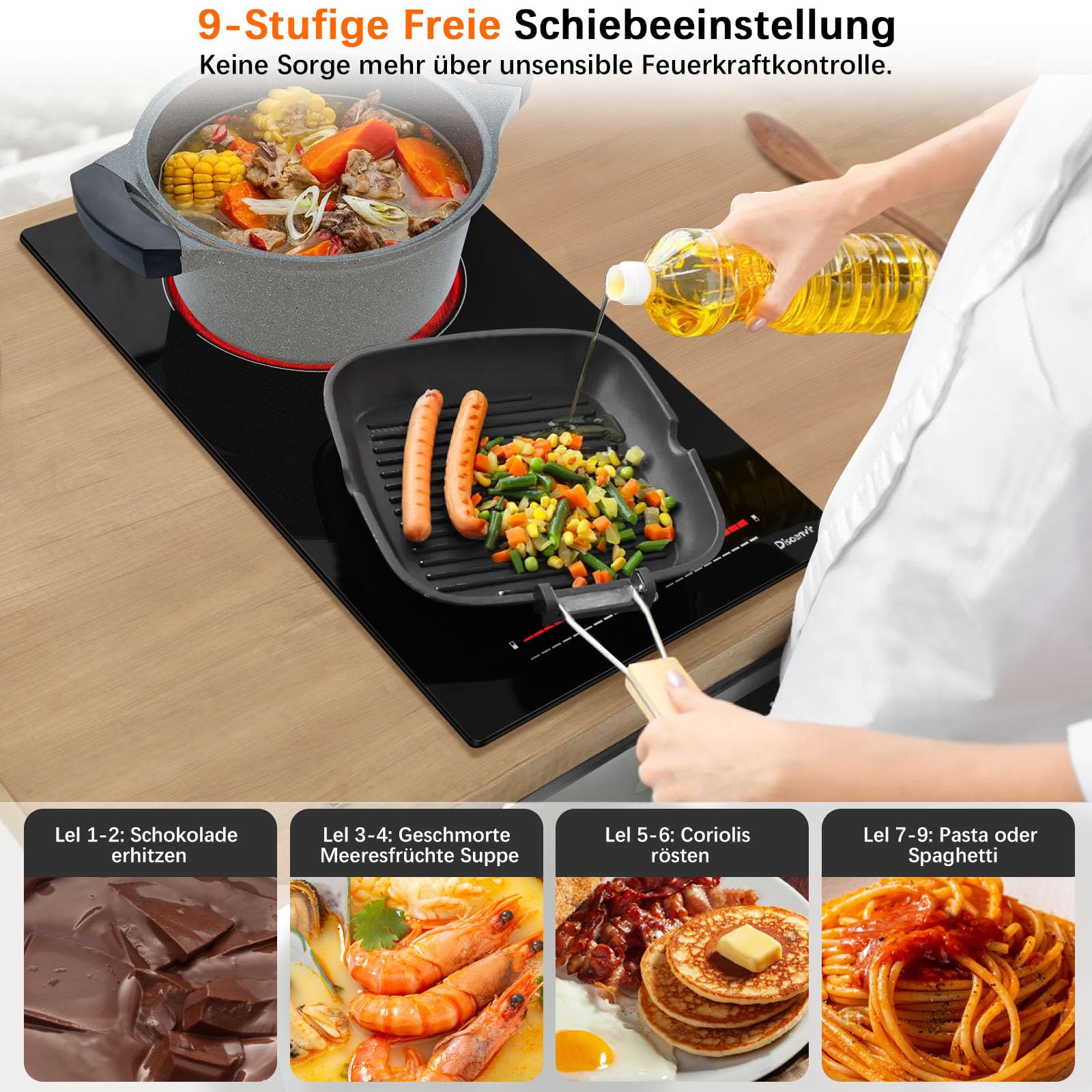 KITCHENBROTHERS KB4175 | 2 Pits - 1500W 1000W - Elektrische kookplaat - Vrijstaand - Wave design - Breedte 51,5 cm - Netvoeding