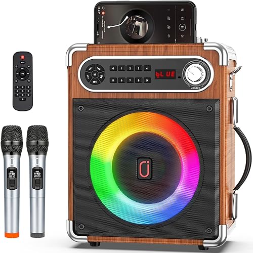 Bluetooth Speaker with Two Wireless Microphones, Outdoor Speaker with SubwooferTweeter, Portable PA Speaker System with Remote Control, Discol
