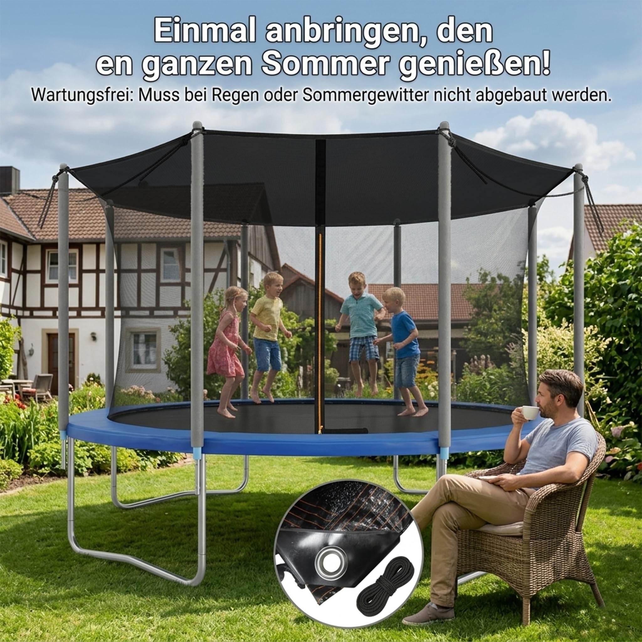 Trampolin Sonnenschutz AbdeckungØ305 cm(10ft). Reißfestes 80g/m²PE Sonnendach für 8 Stangen. Luft- & wasserdurchlässiges Sonnensegel gegen Wassersäcke. Inklusive 80cm Seile