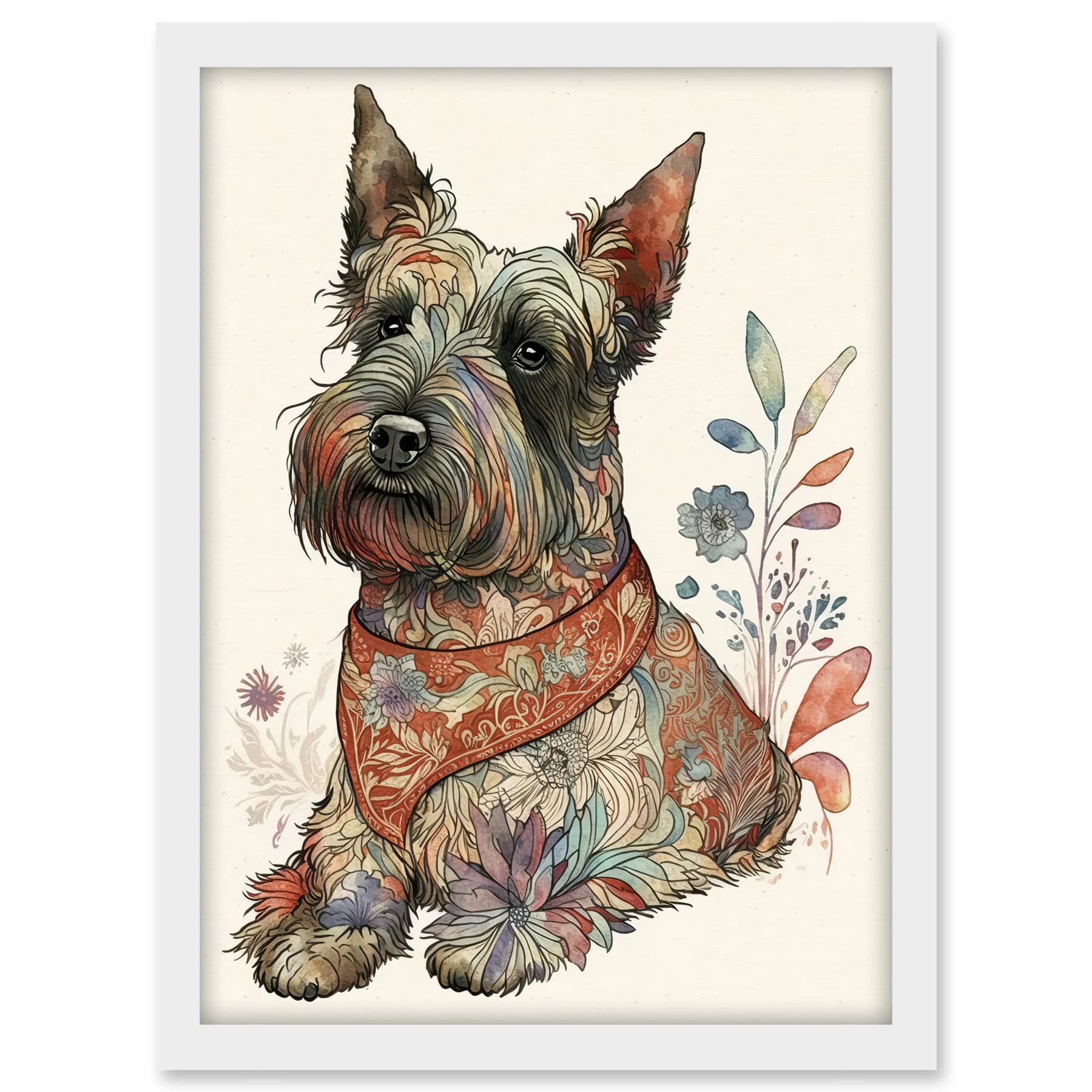 Artery8 Scottish Terrier Dog with Flower Pattern Fur Coat Modern Watercolour Illustration Artwork Framed A3 Wall Art Print