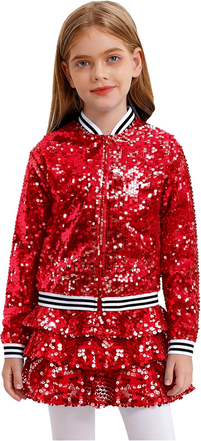 JEYPINMI Kids Girls Sequin Dance Outfit Set 2 Piece Sparkly Bomber Jacket with Tiered Ruffle Mini Skirt Red 14 Years