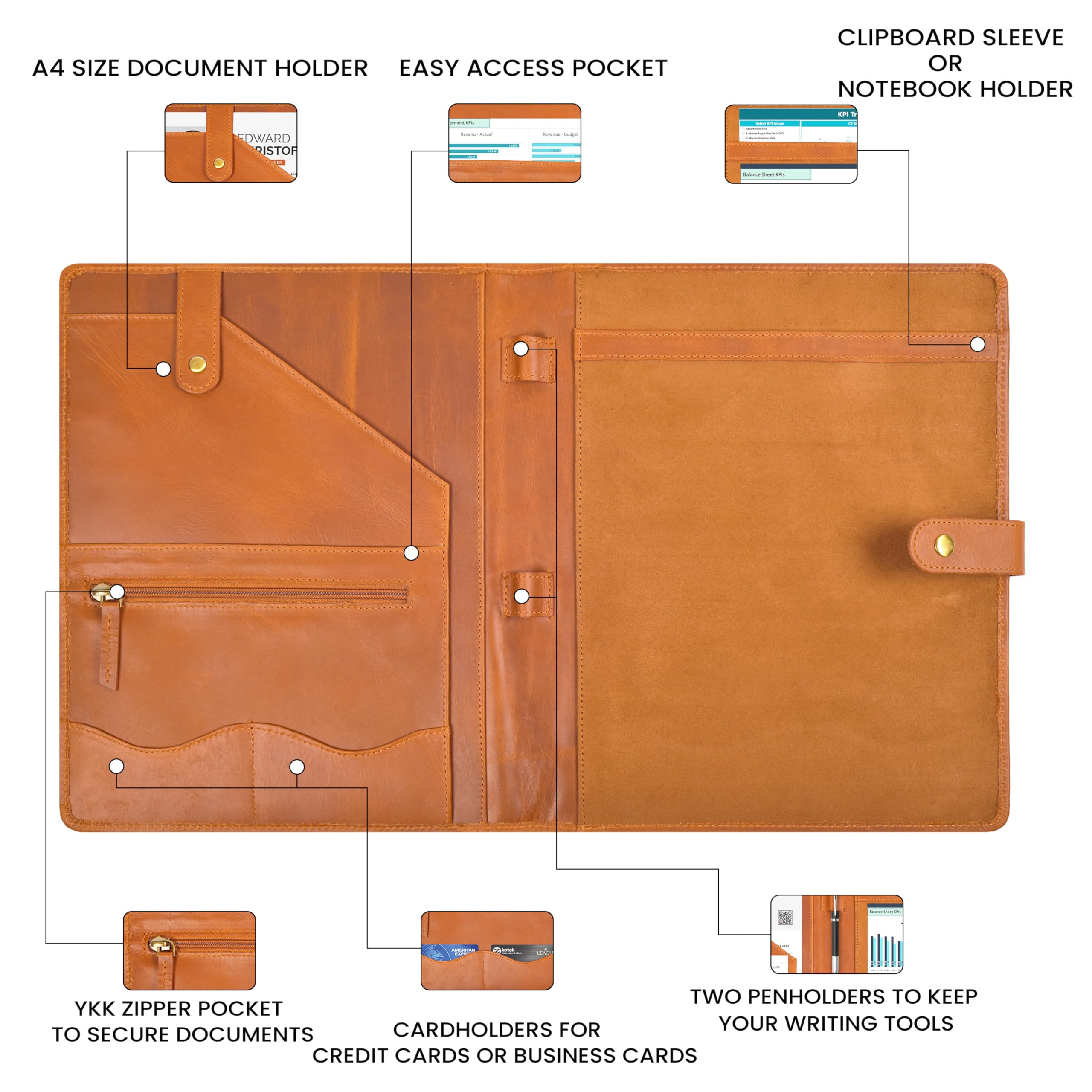 Porte-documents en cuir véritable pour homme et femme – Porte-documents pour format A4/papier à lettre avec boucle pour stylo, porte-documents et emplacements pour cartes – Idéal pour les affaires et
