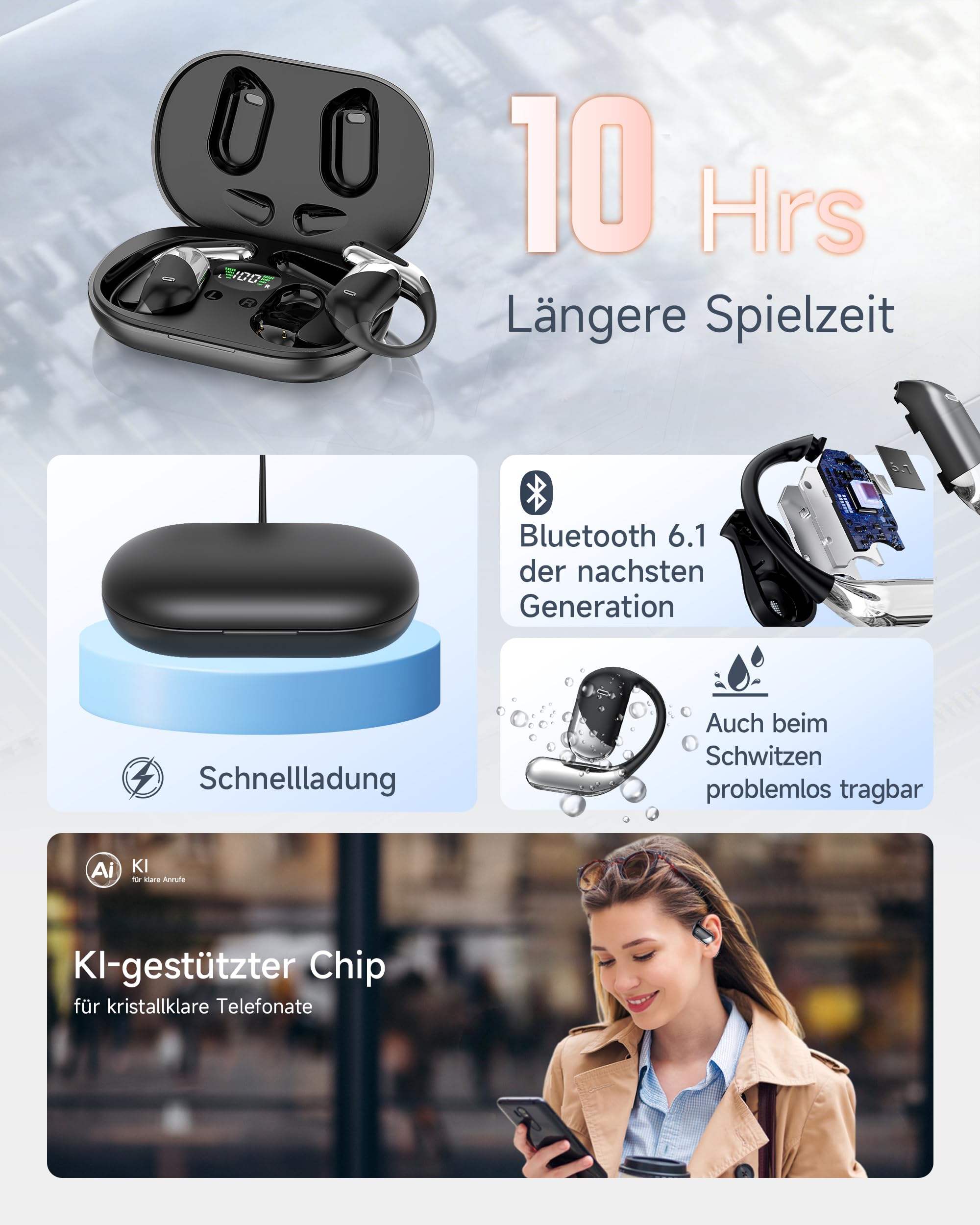 Offene Ohr Kabellose Ohrhörer, Sport Bluetooth Kopfhörer mit Echtzeitübersetzung, 80 Stunden Akkulaufzeit mit LED-Akkuanzeige, Geräuschunterdrückung, IP55 Wasserdicht für Training Laufen (Schwarz)