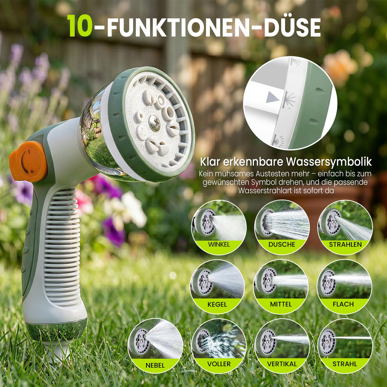 Schlauchtrommel Wasser40m + 2m, 180° Schwenkbar Wand-Schlauchbox, Automatischer Gartenschlauch trommel mit 10-Funktionen Gartenbrause für Gießen Autowaschen