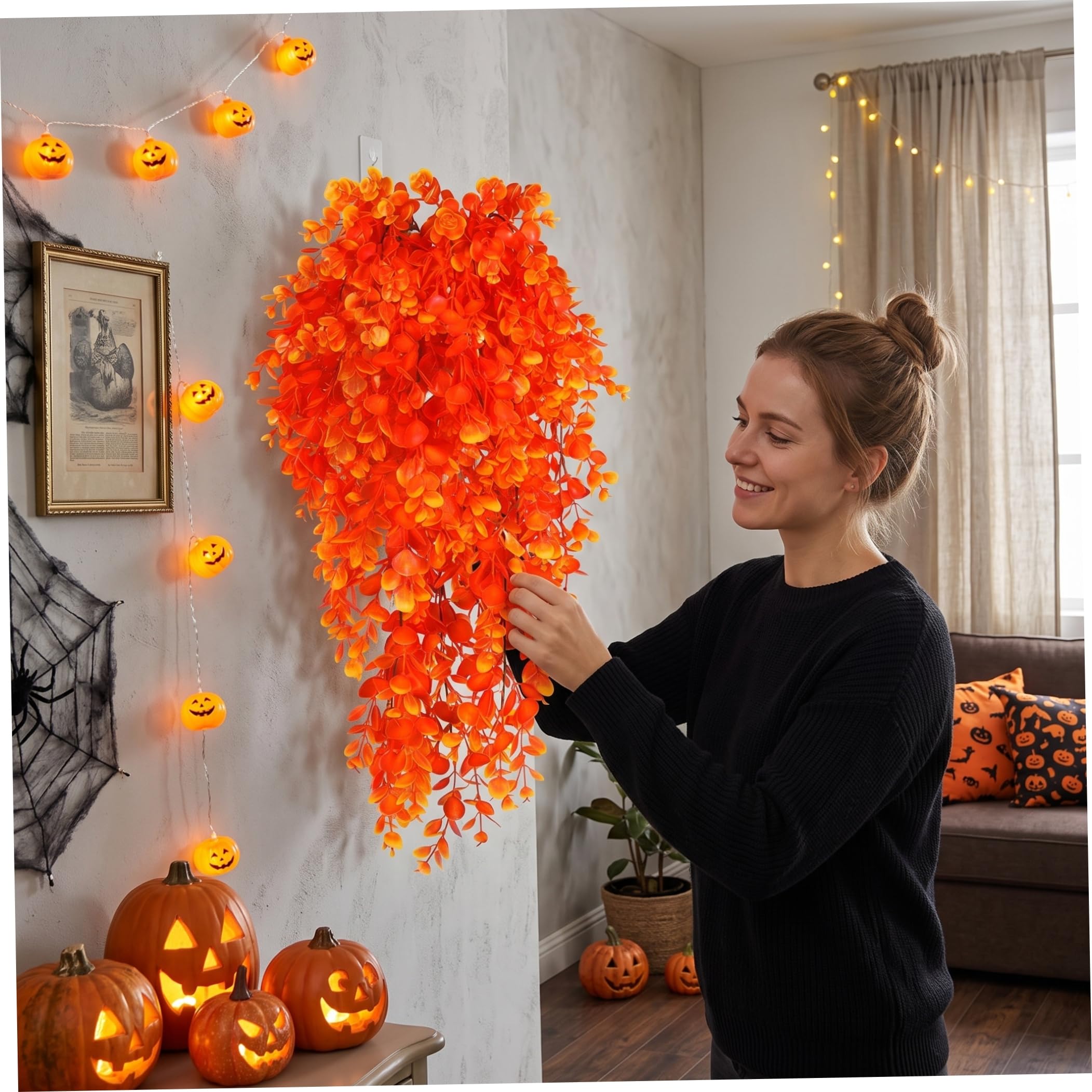 Piante pensili 6 pezzi rampicanti artificiali arancioni | Stile a cascata densa, in plastica, per Halloween e spazi gotici interni/esterni