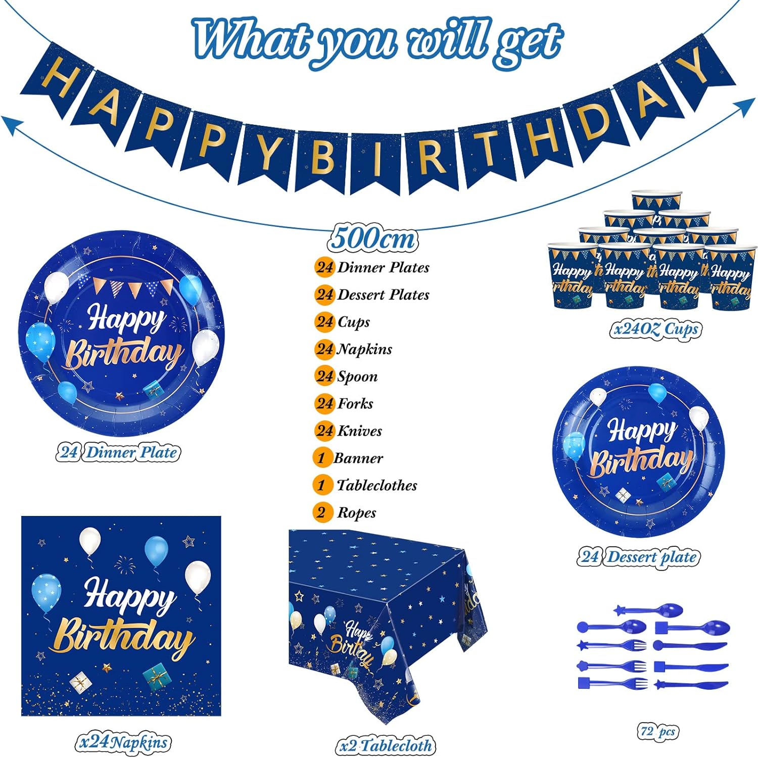 Pajean Blue Happy Birthday Party Tableware Set Birthday Decoration Banner and Tablecloths Decoration Plates Cups Napkins Dinnerware for 24 Guests Party Supplies(Blue and Gold) - Image 3