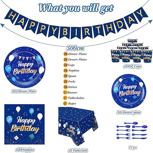 Miniatura 3 de Juego de vajilla azul para fiesta de cumpleaños, pancarta y manteles, decoración de platos, tazas, servilletas, vajilla para 24 invitados,