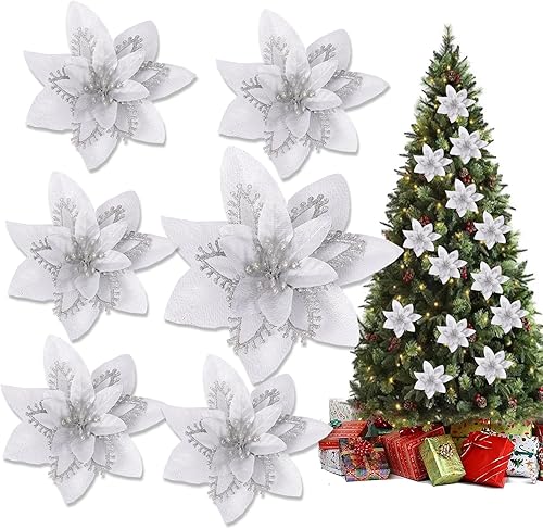 12 flores de Pascua de Navidad, flores con purpurina, flores decorativas para árbol de Navidad, flores artificiales decorativas para Navidad (dorado)