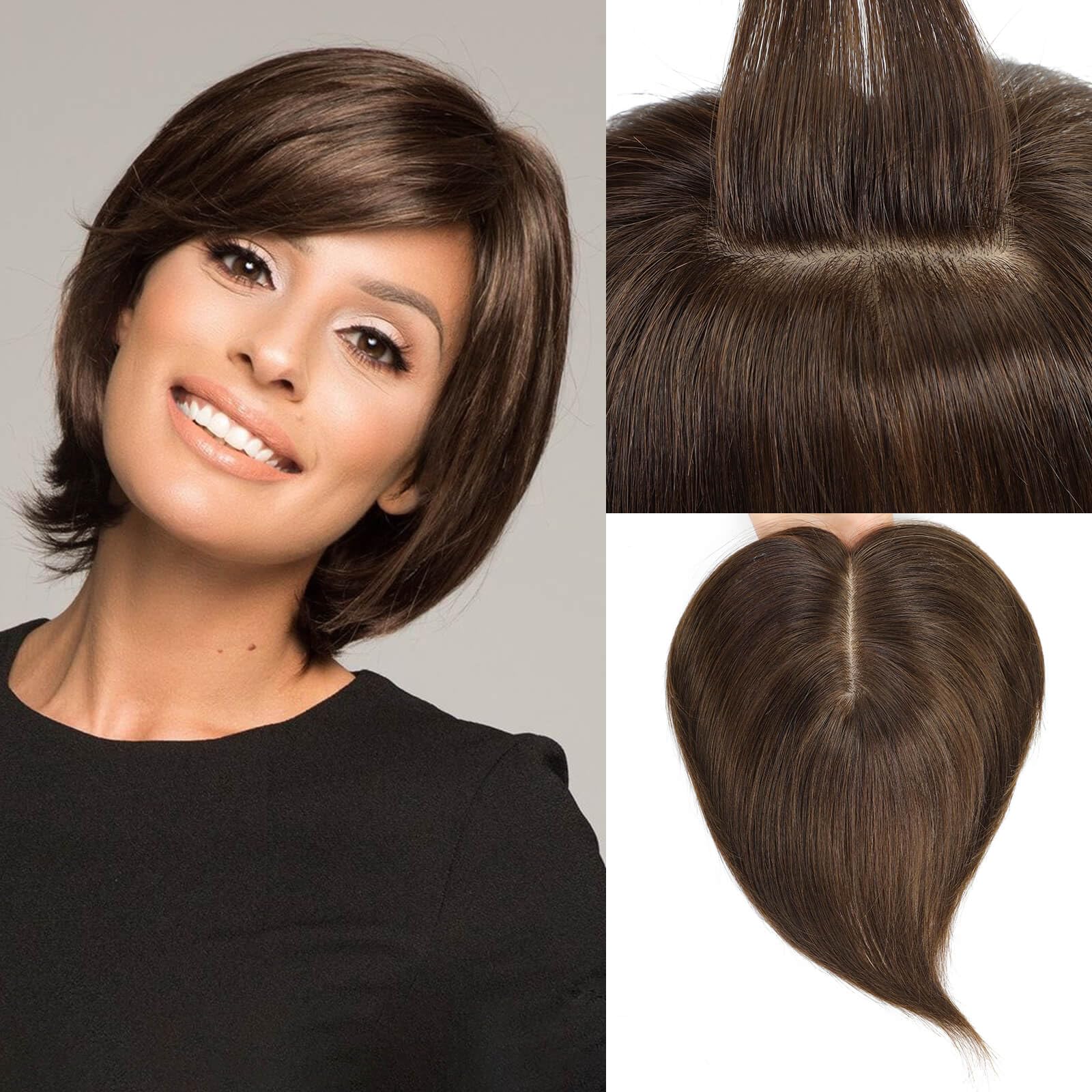 MORICHY Hair Toppers for Women Real Human Hair Short Human Hair Toppers for Women with Thinning Hair Toppers Hair Pieces for Women Skin Scalp Brown Hair Patches for Women with Hair Loss 3 Clip