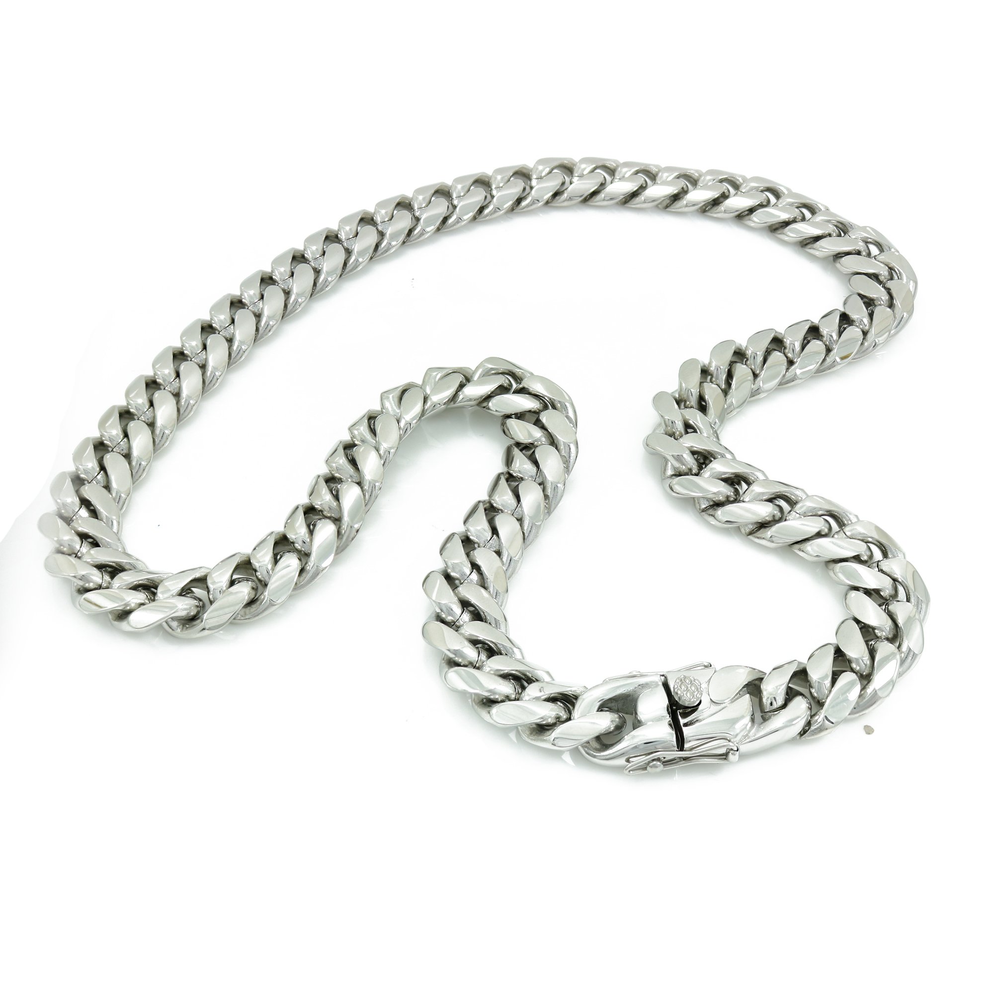 Bling Bling NY - Catena a maglia cubana Miami con finitura in argento massiccio, 14 mm di spessore, con chiusura a catena, 45,7-76,2 cm, bracciale 20,3-25,4 cm