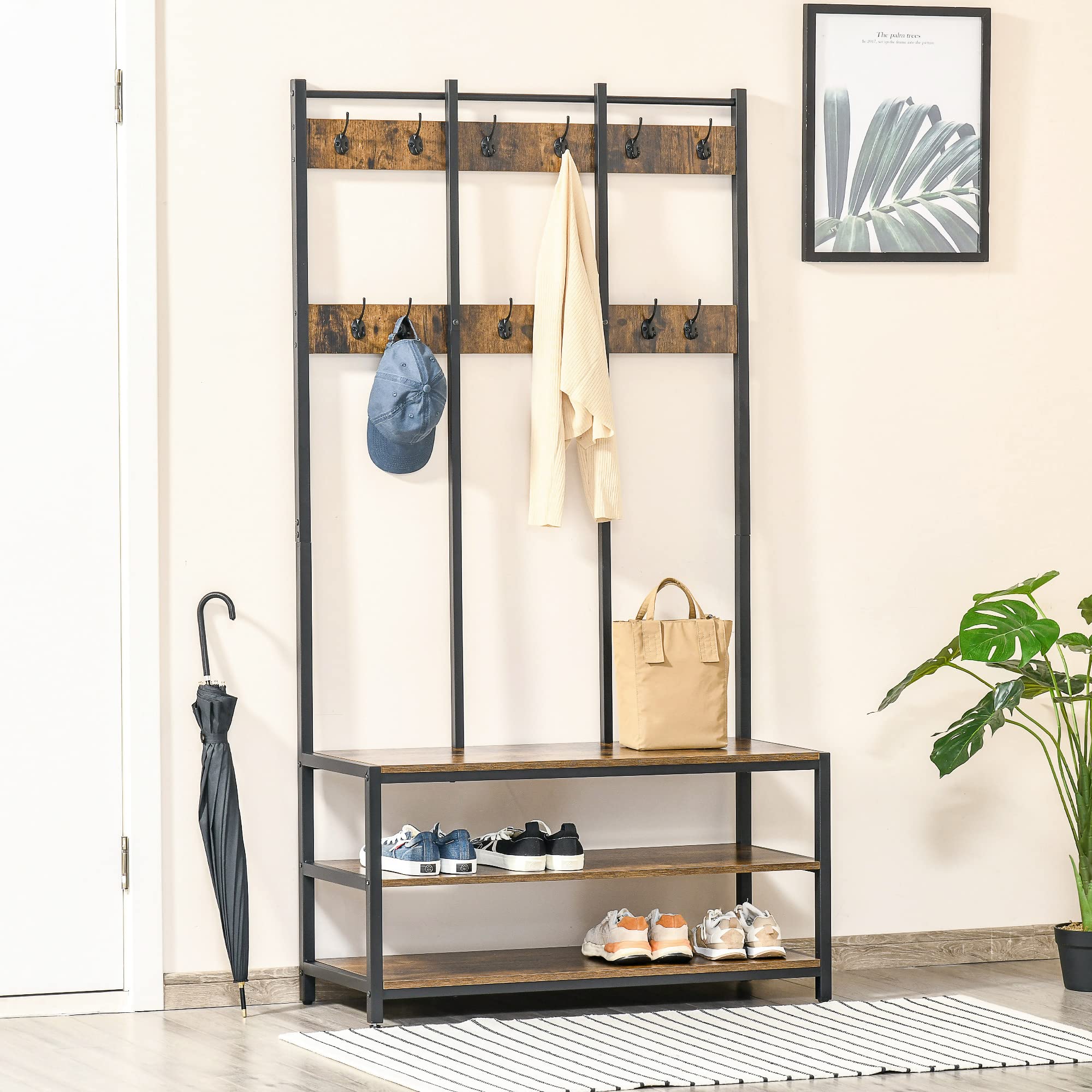 HOMCOM Ständer 100cm x 38.5cm x 185.5cm Rustikal Braun/Schwarz | Freistehender Flurgarderobe, Mantel mit Haken, Bank und Schuhregal, Industriestil